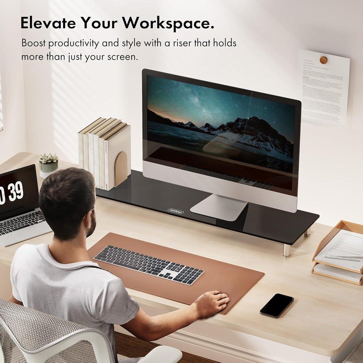 Black - VonHaus - XL Black Glass Monitor Stand - 7