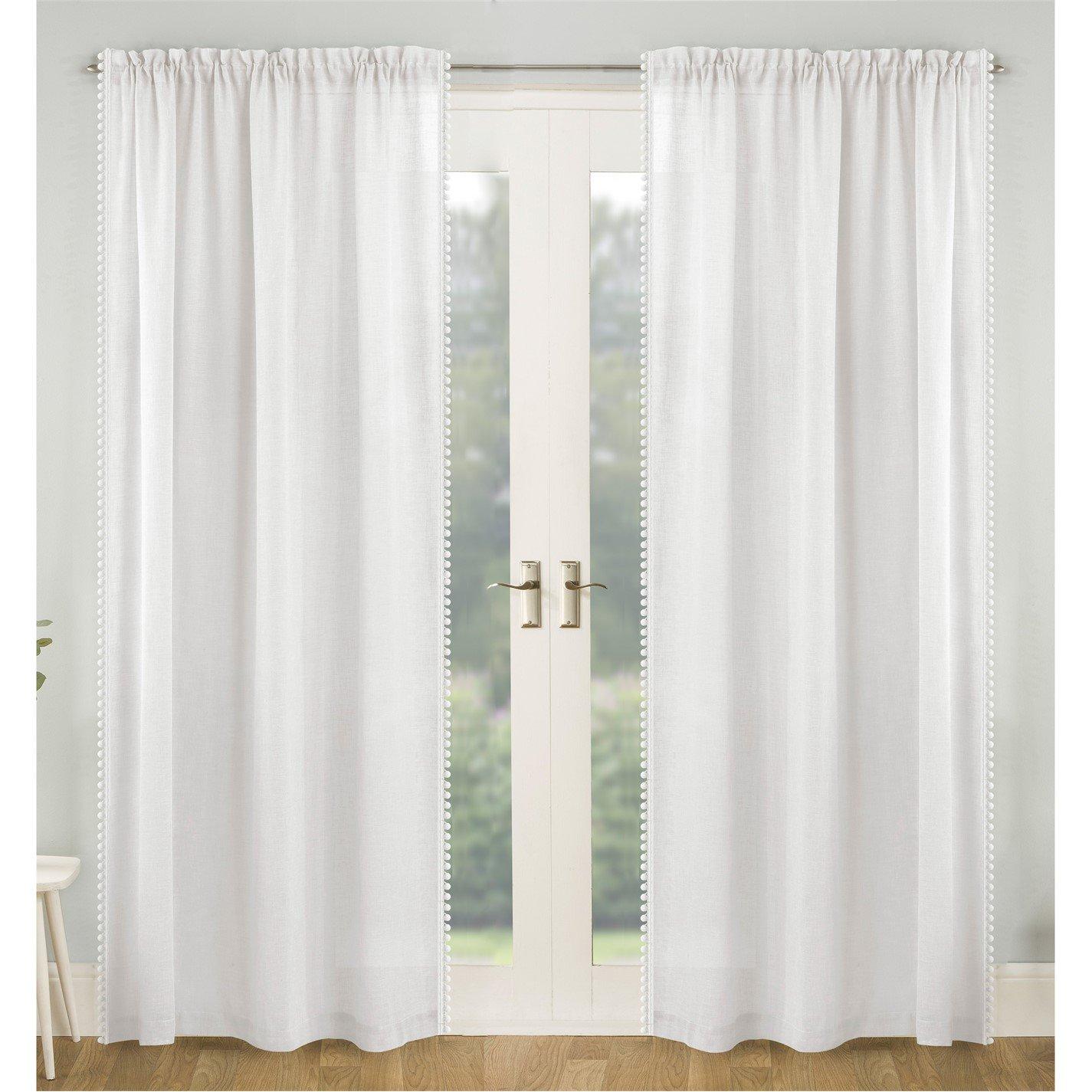 Tyrone Textiles  Tahiti Pom-Pom Trim Single Voile Panel - Pair - White - 140x229cm