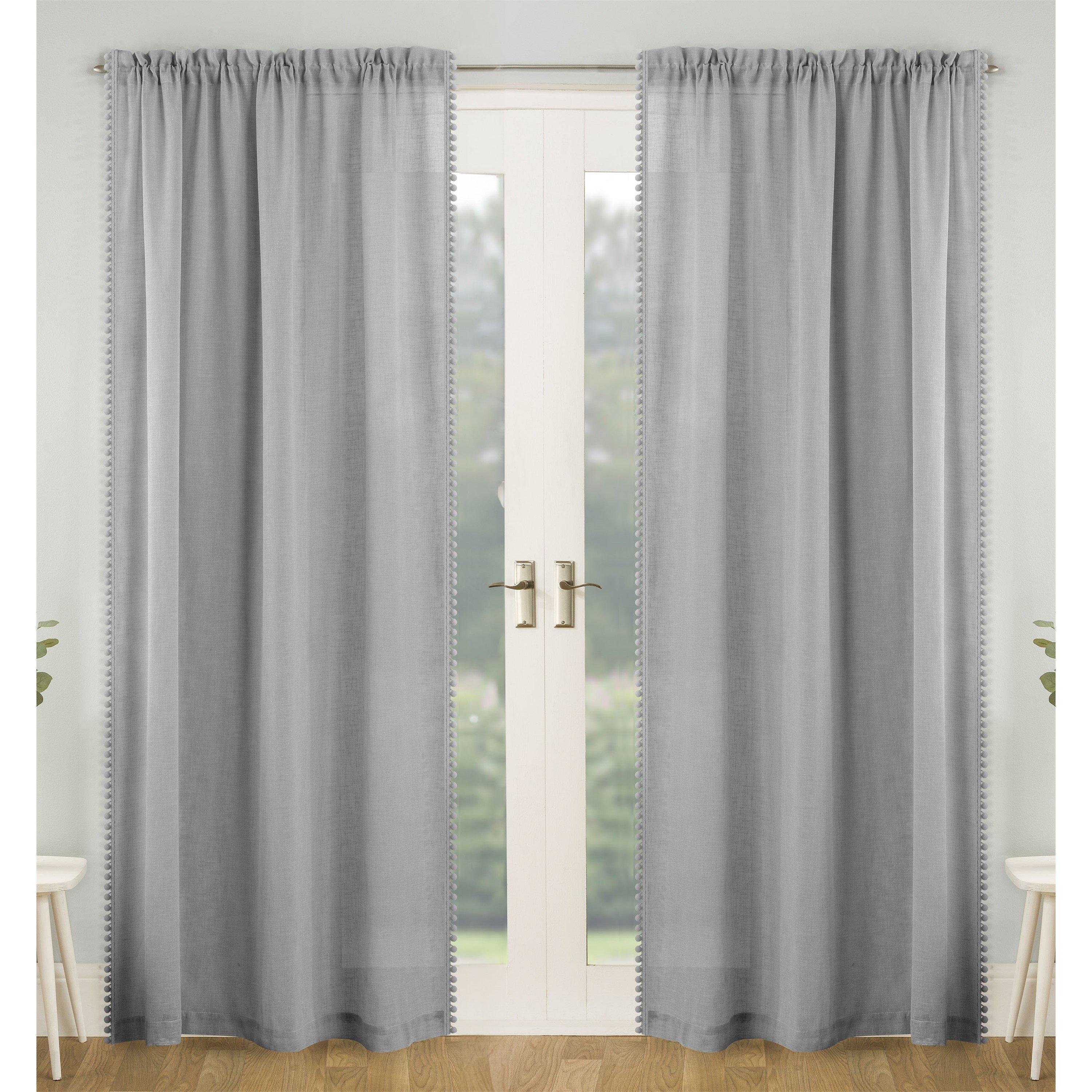 Grey - Tyrone Textiles - Tahiti Pom-Pom Trim Single Voile Panel - Pair - 1