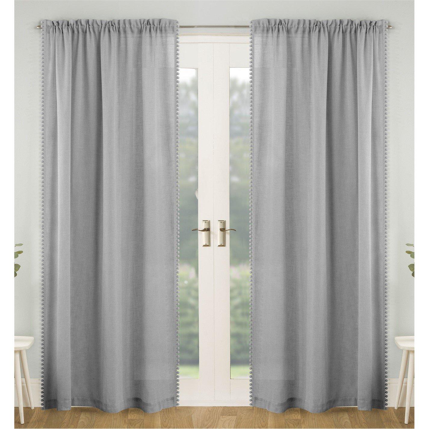 Tyrone Textiles  Tahiti Pom-Pom Trim Single Voile Panel - Pair - Grey - 140x122cm