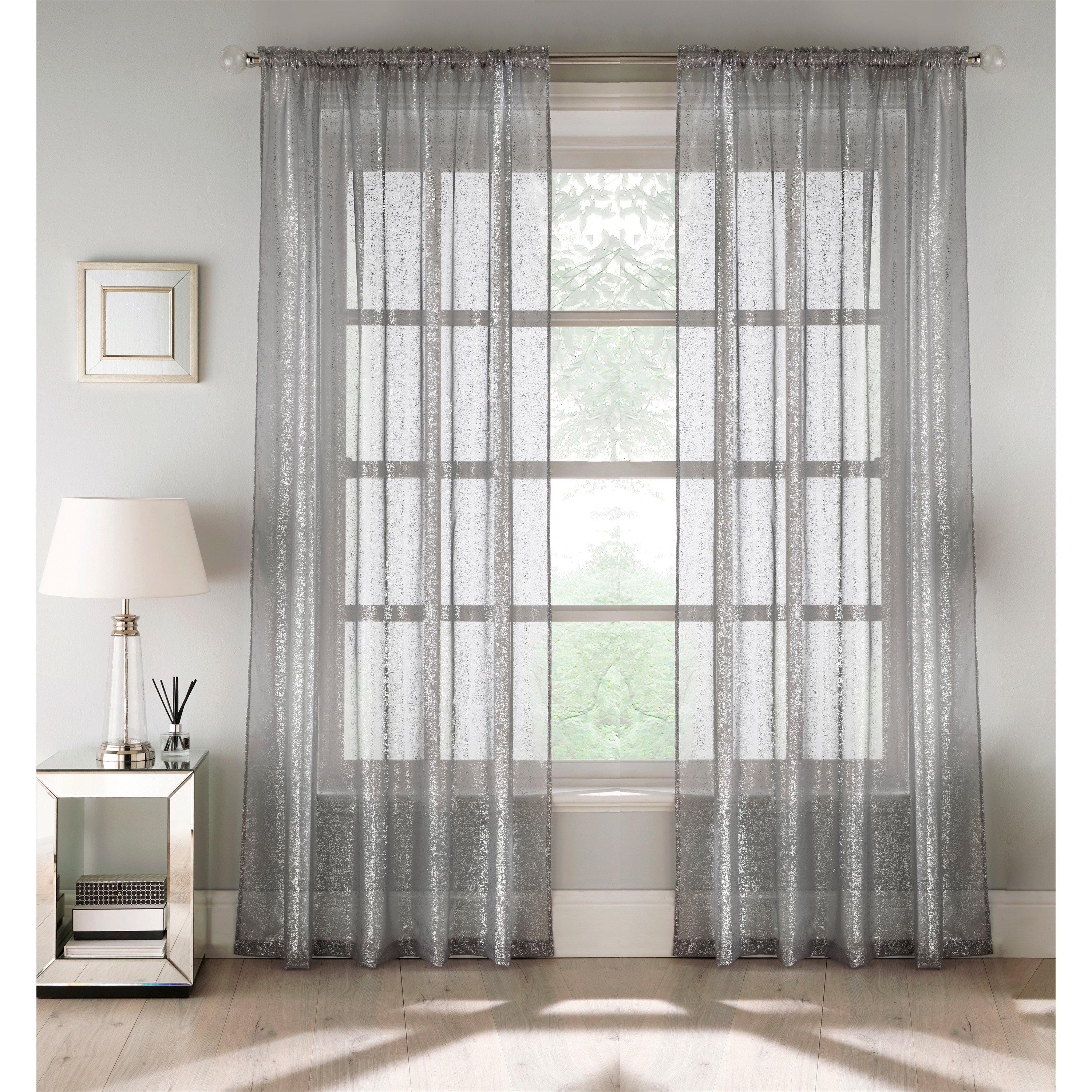 Grey - Tyrone Textiles - Pandora Metallic Print Rod Pocket Panel - Pair - 1
