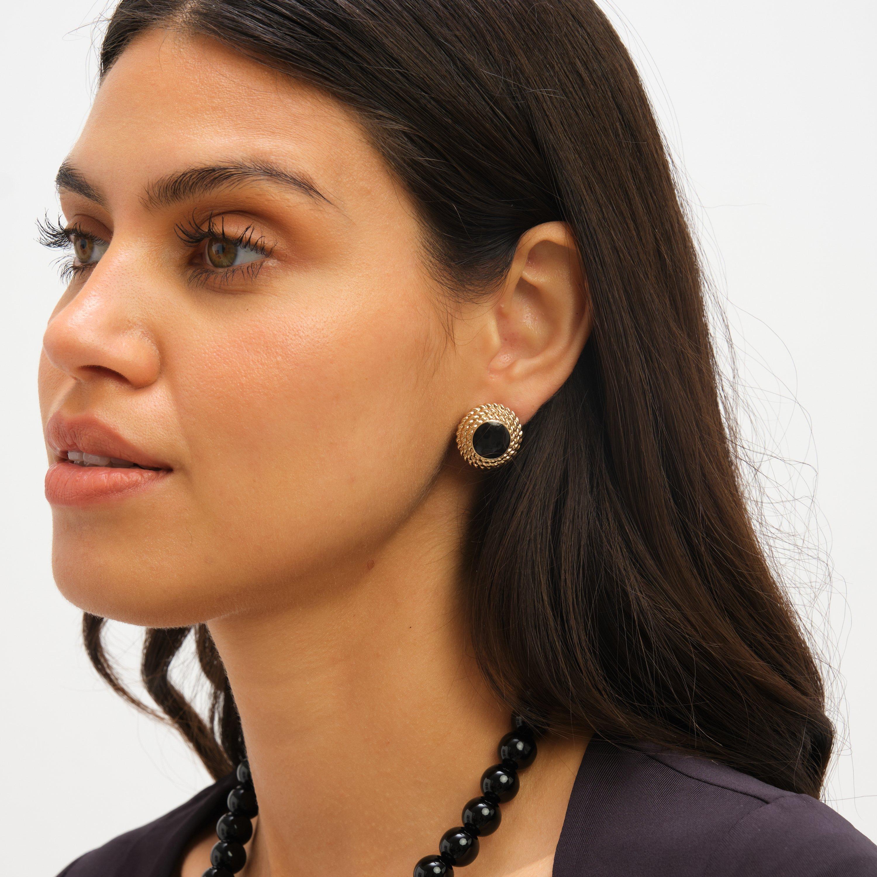 Gold - Jon Richard - Gold Plated And Jet Enamel Round Earrings - 2