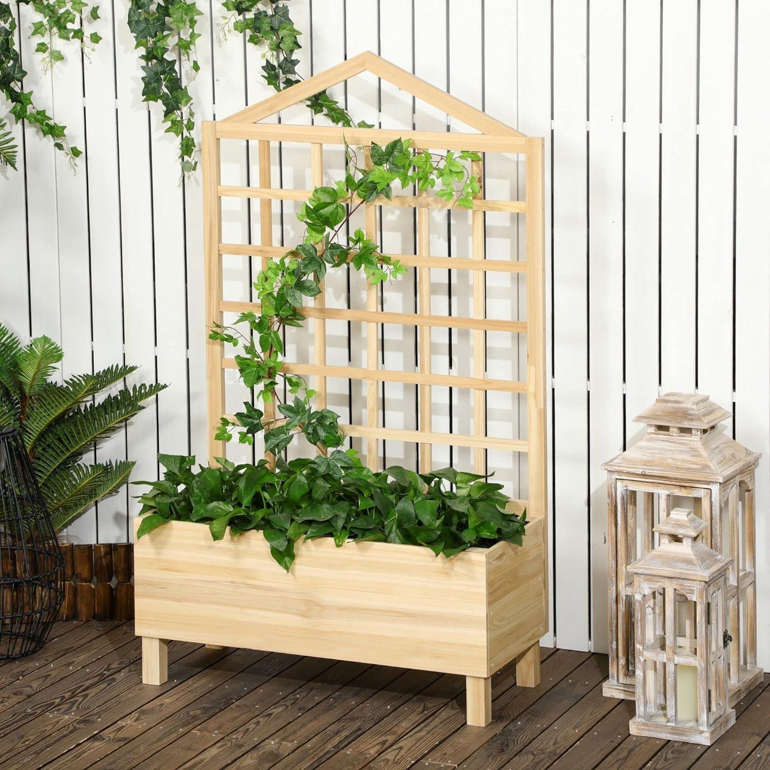 Brown - Outsunny - Garden Planter & Trellis Distressed Wood - 2