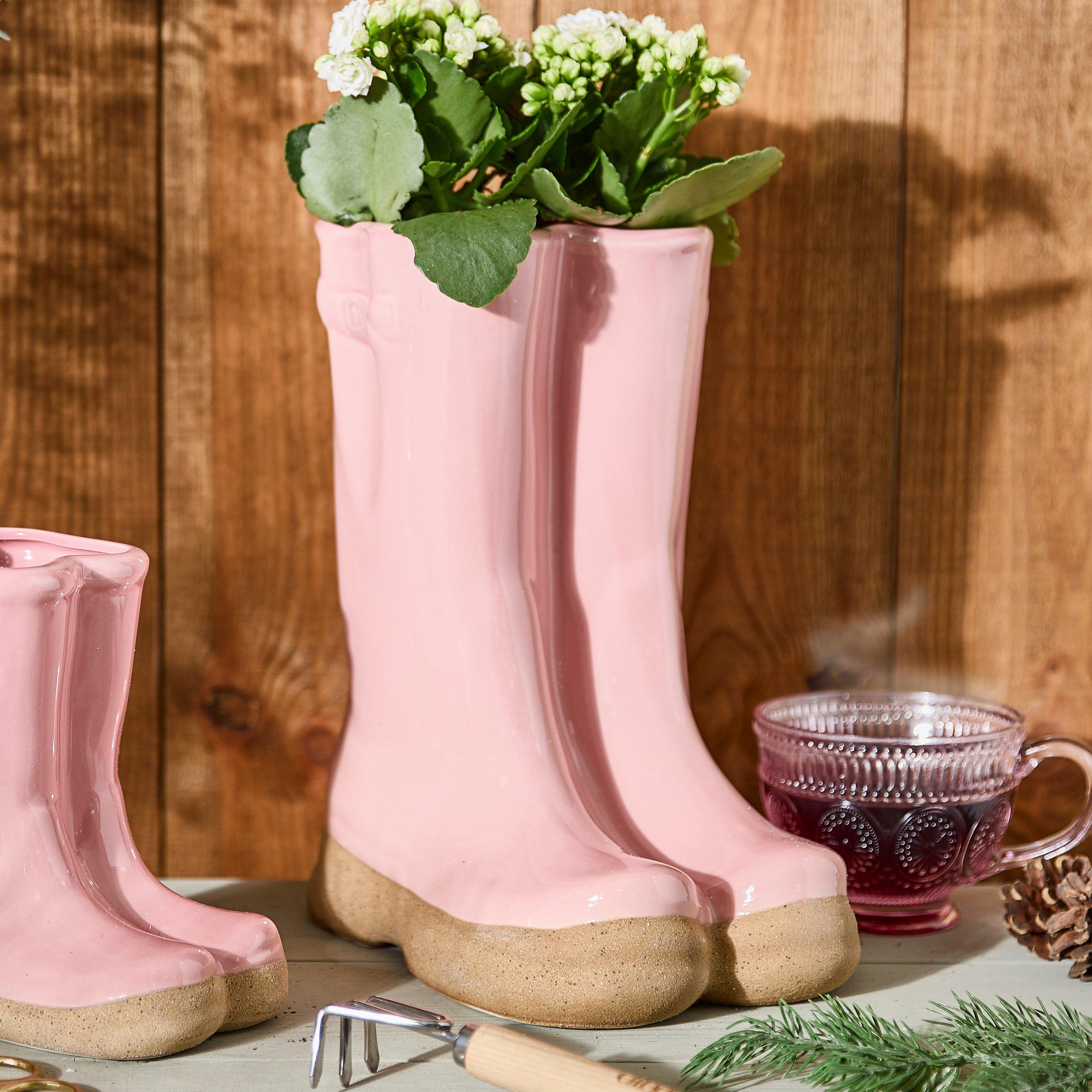 Dibor Unisex Pink Double Wellington Boots Large Ceramic Indoor Outdoor Flower Pot Garden Planter Pot H29.5 X W24cm - Image 3