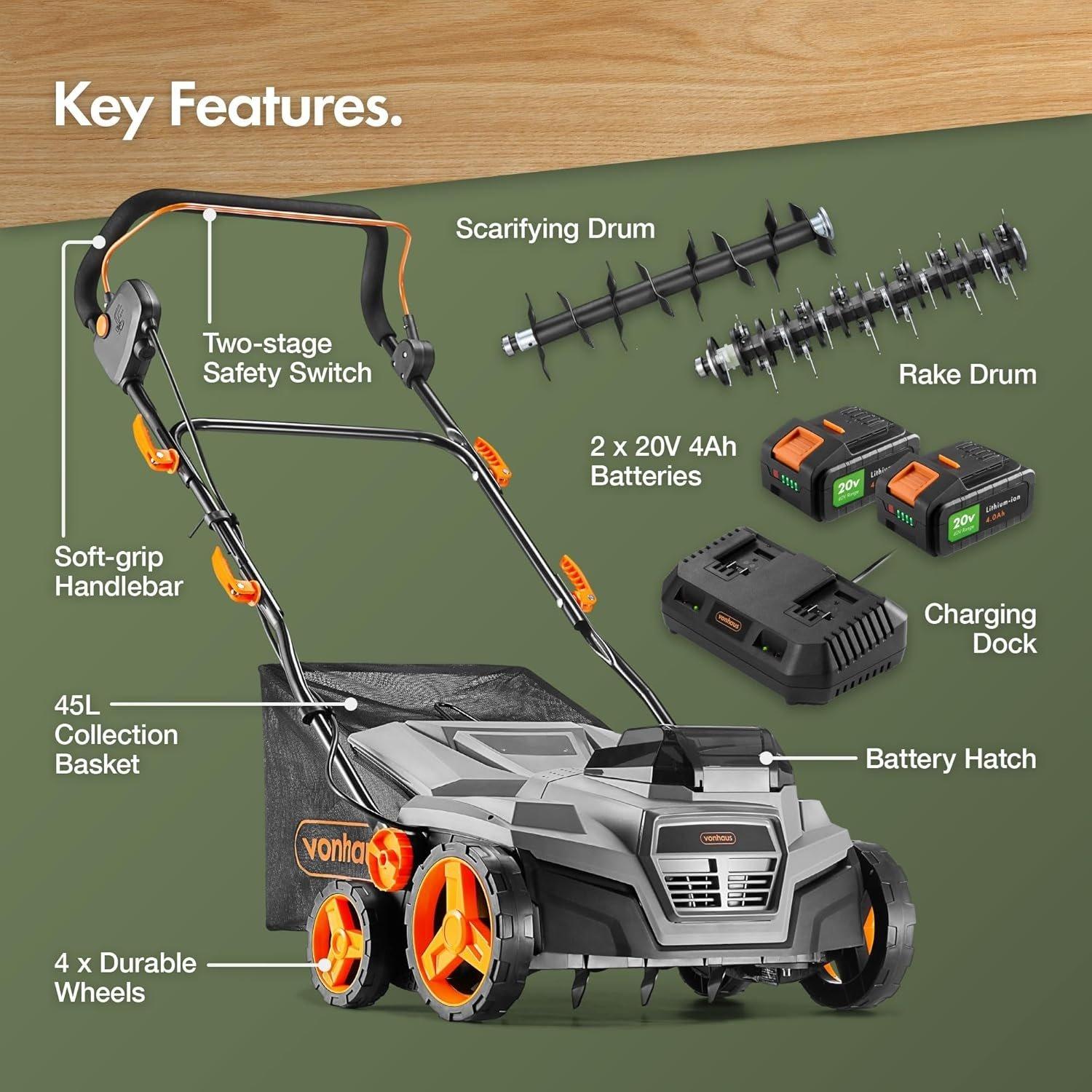 Grey - VonHaus - Cordless Lawn Scarifier/Aerator/Rake - 40v - 9