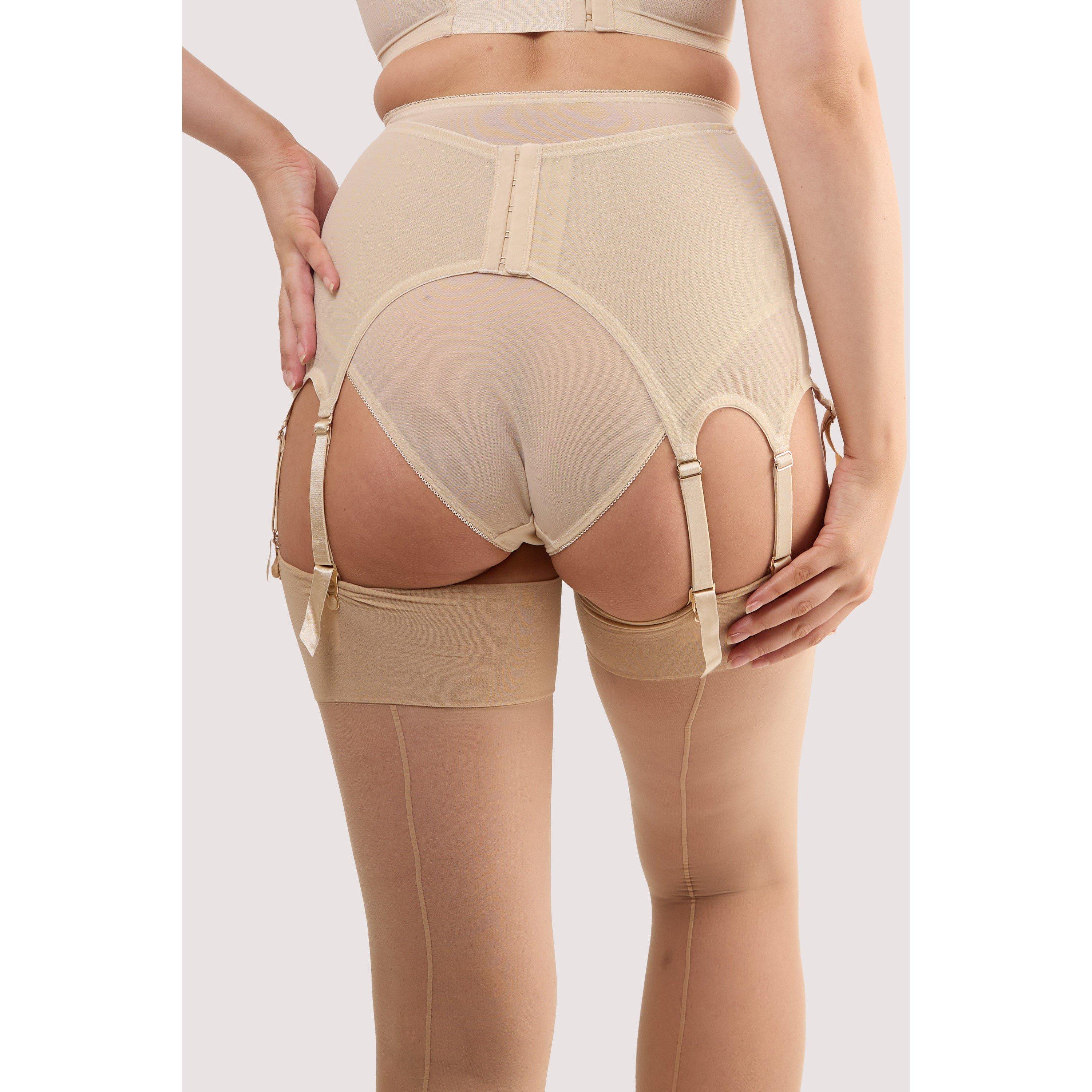 Beige - Playful Promises - Champagne Satin 8 Strap Retro Everyday Suspender - 2