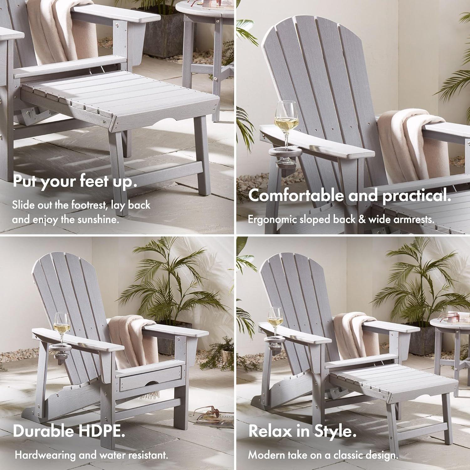 Grey - VonHaus - VonHaus Grey Adirondack Chair & Folding Foot Stool - 4