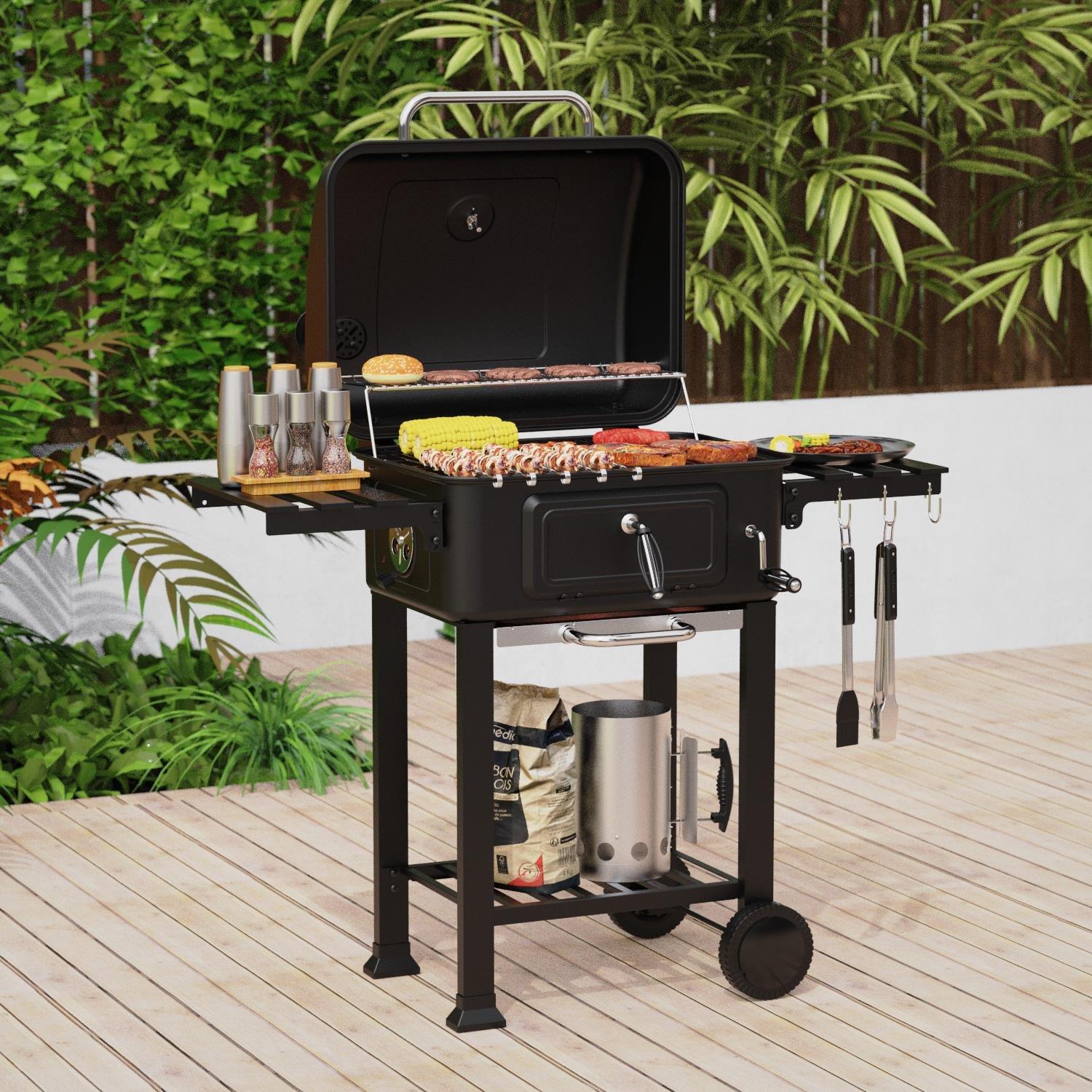 Black - House of Home - Charcoal bbq Smoker with two side table - Black - 1