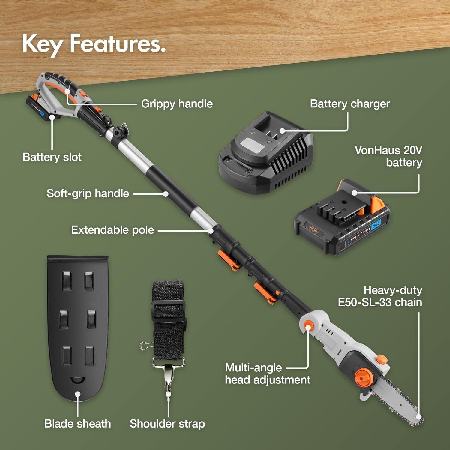 Grey - VonHaus - Cordless Pole Chainsaw – Telescopic  20V - 9