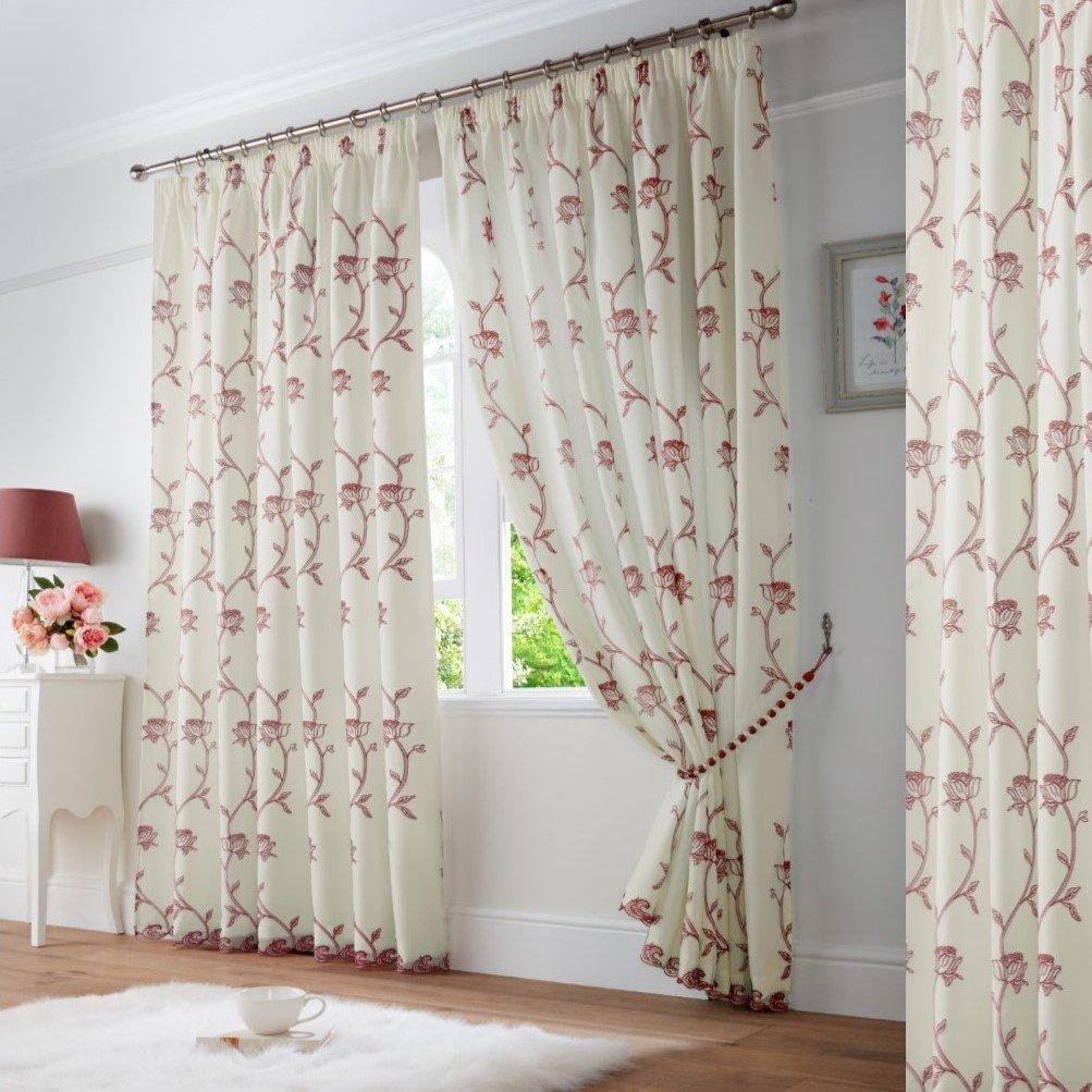 Red - Alan Symonds - Exeter Embroidered Floral Trail Pencil Pleat Taped - 2