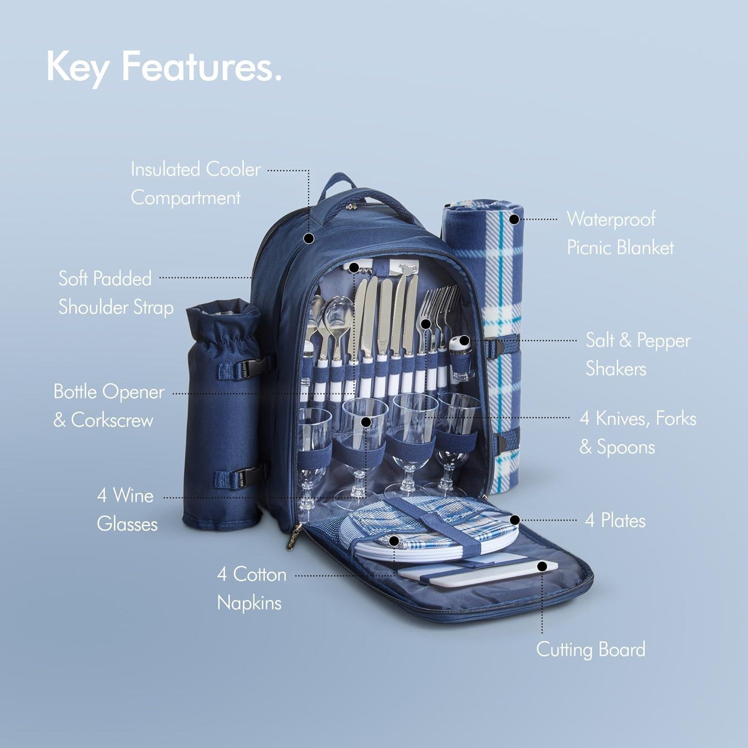 Blue - VonShef - VonShef 4 Person Picnic Backpack - 2