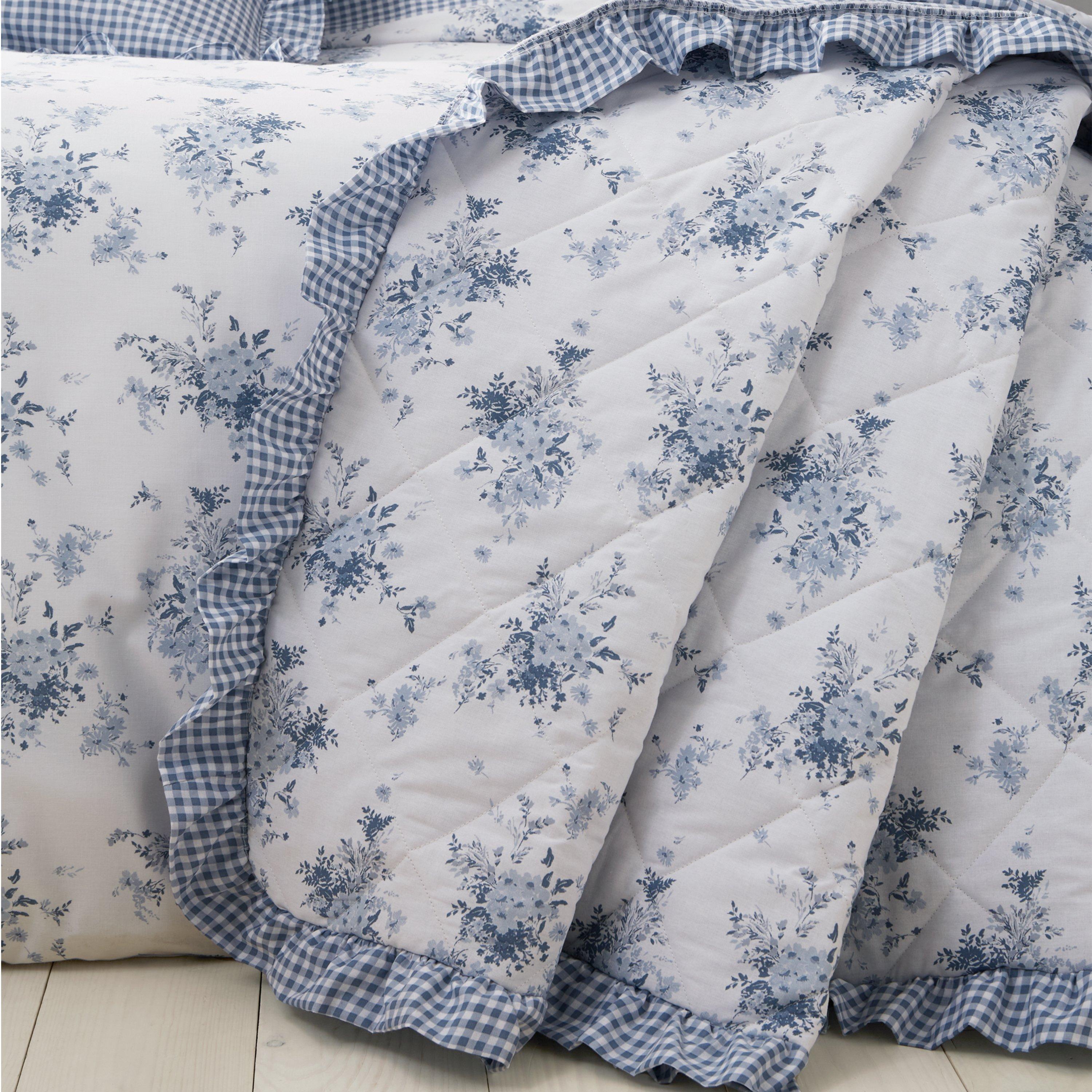 Blue - Catherine Lansfield - Lucie Floral Frill Fully Reversible Bedspread - 1