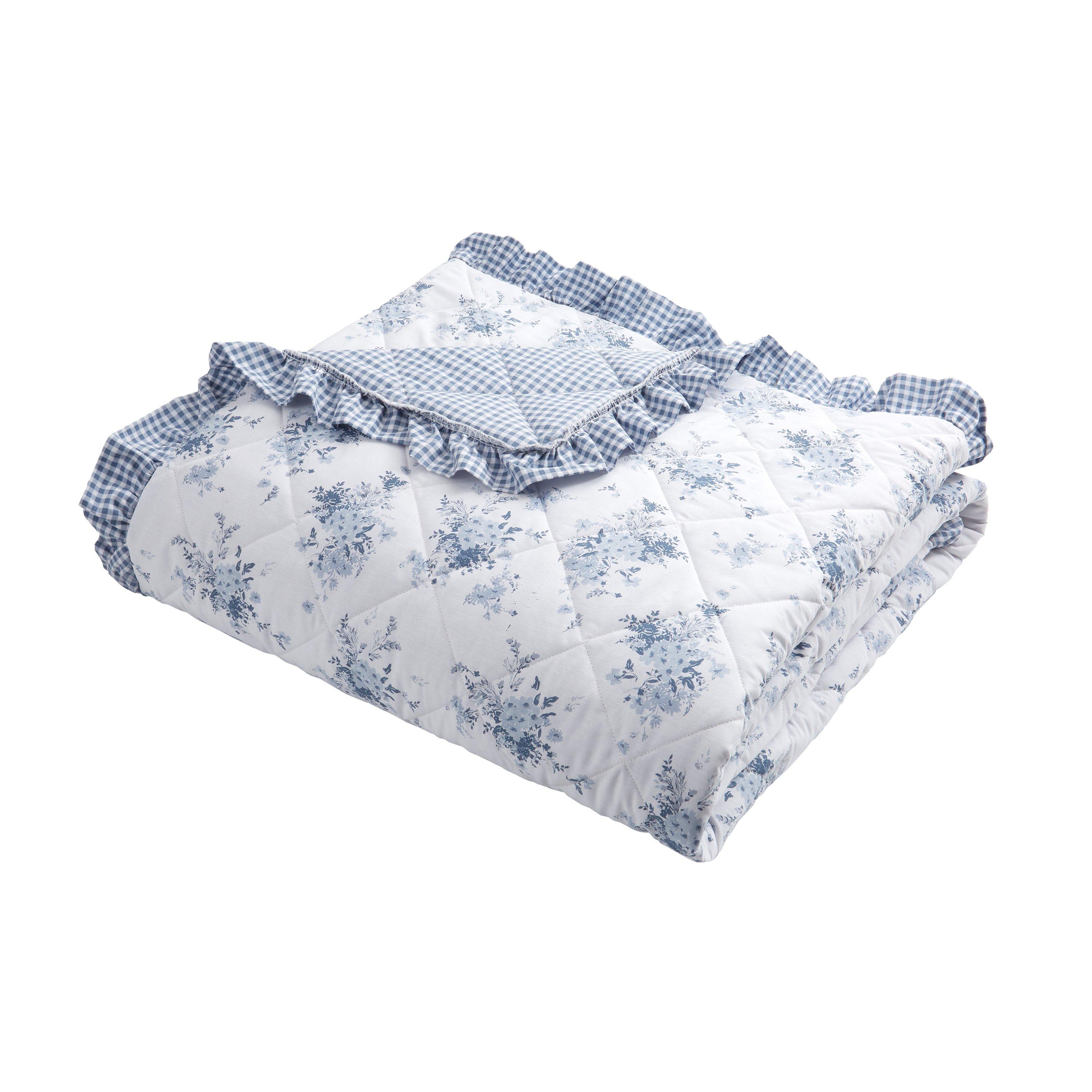 Blue - Catherine Lansfield - Lucie Floral Frill Fully Reversible Bedspread - 3