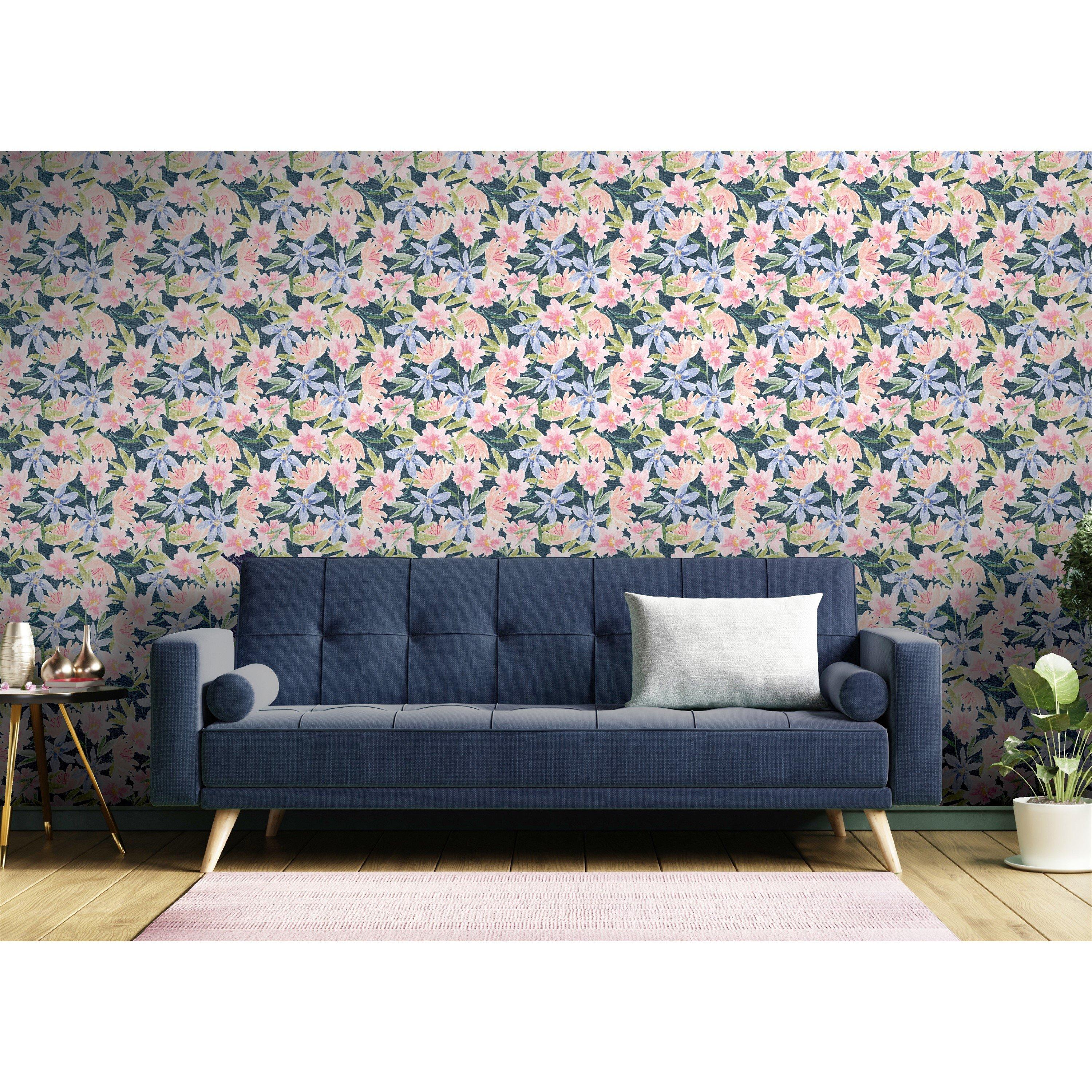 Navy - Arthouse - Watercolour Floral Navy Wallpaper - 3