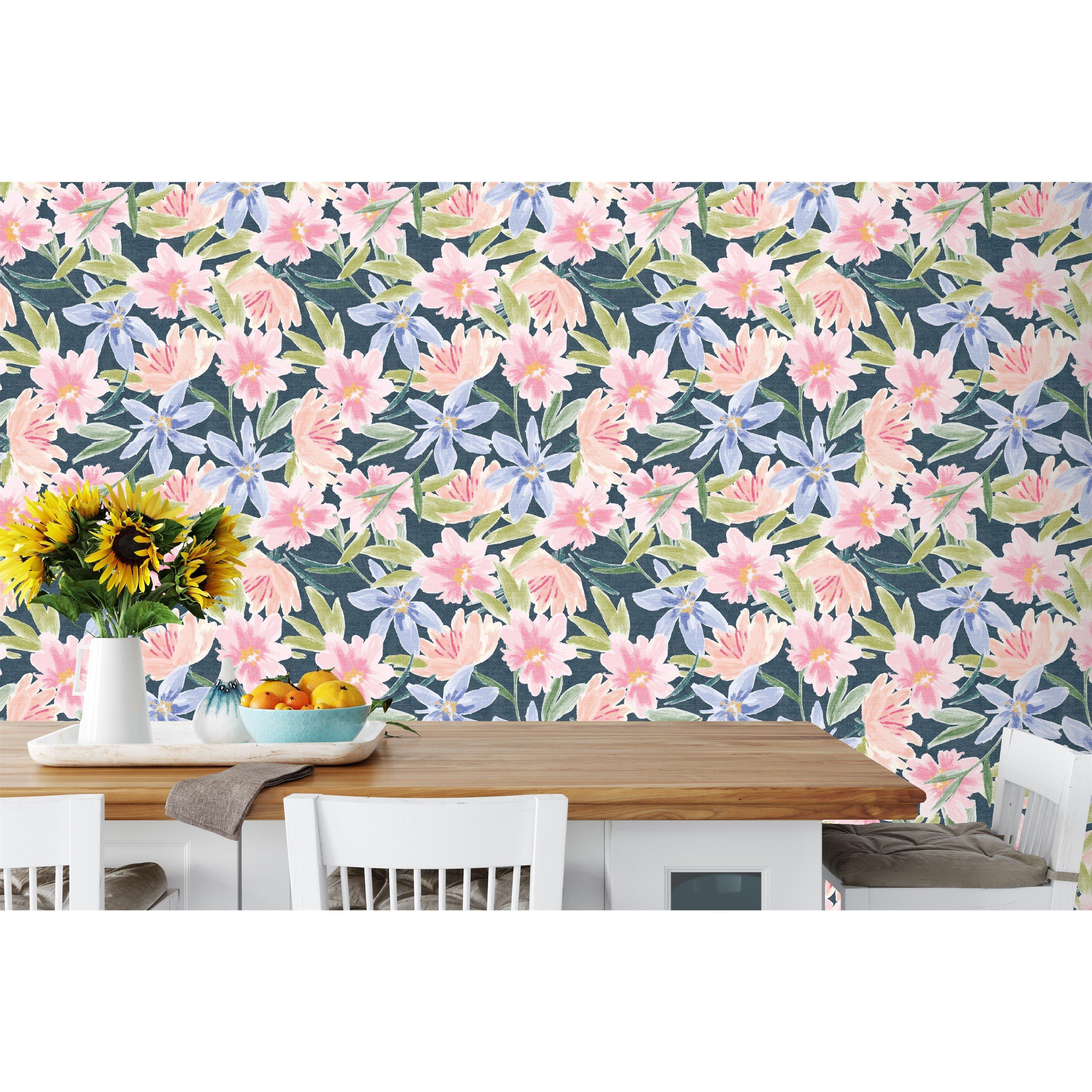 Navy - Arthouse - Watercolour Floral Navy Wallpaper - 4