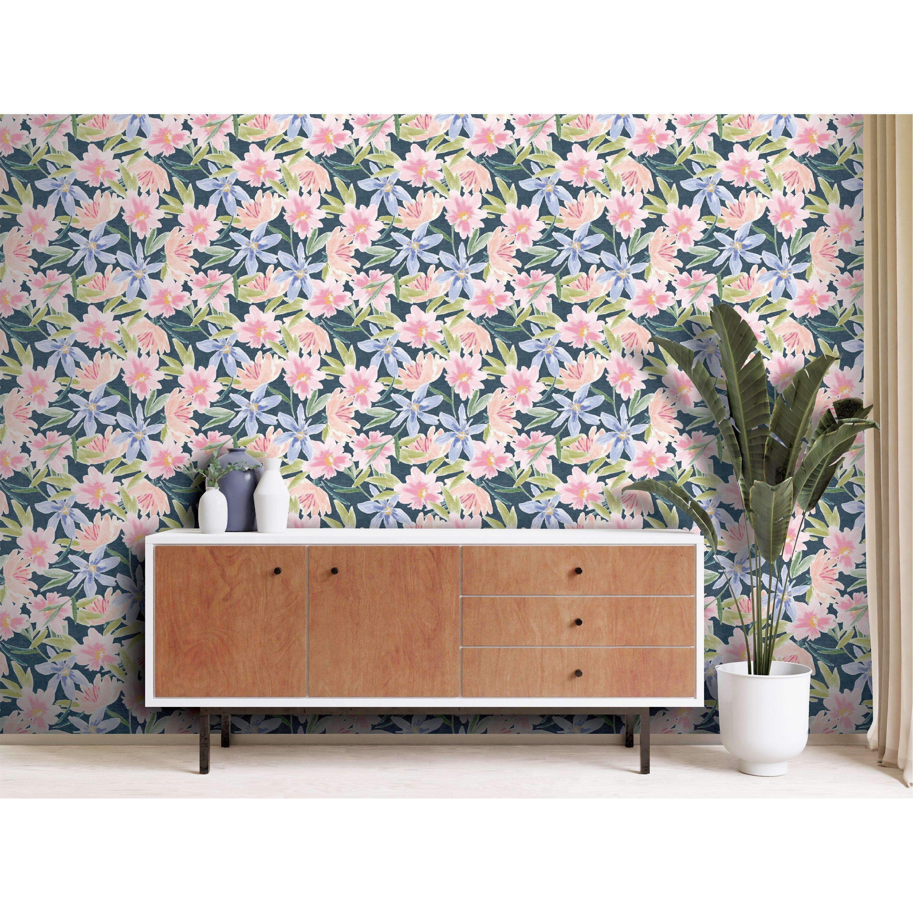 Navy - Arthouse - Watercolour Floral Navy Wallpaper - 5