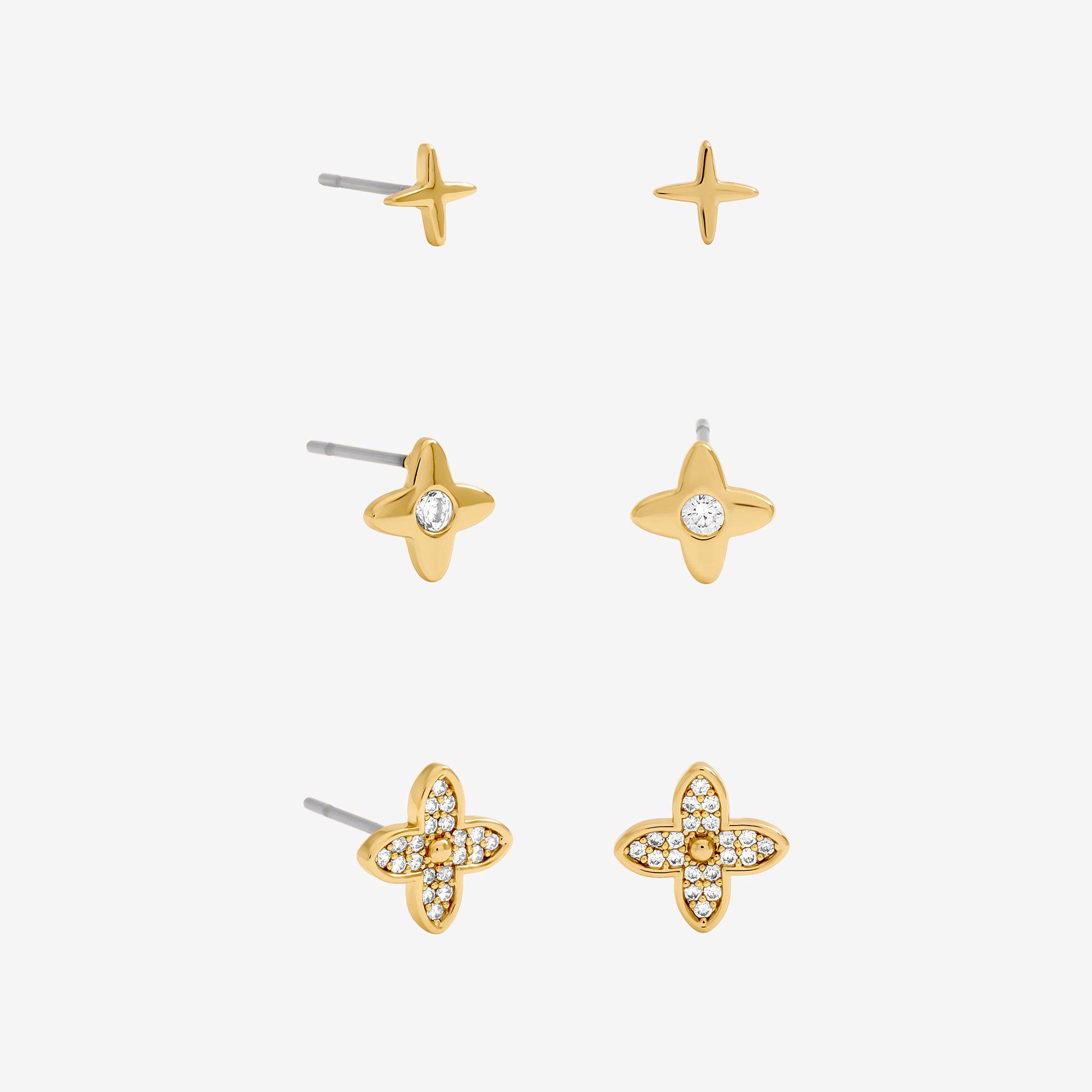Gold - Inicio - Crystal Clover Earrings - Pack of 3 - Gift Pouch