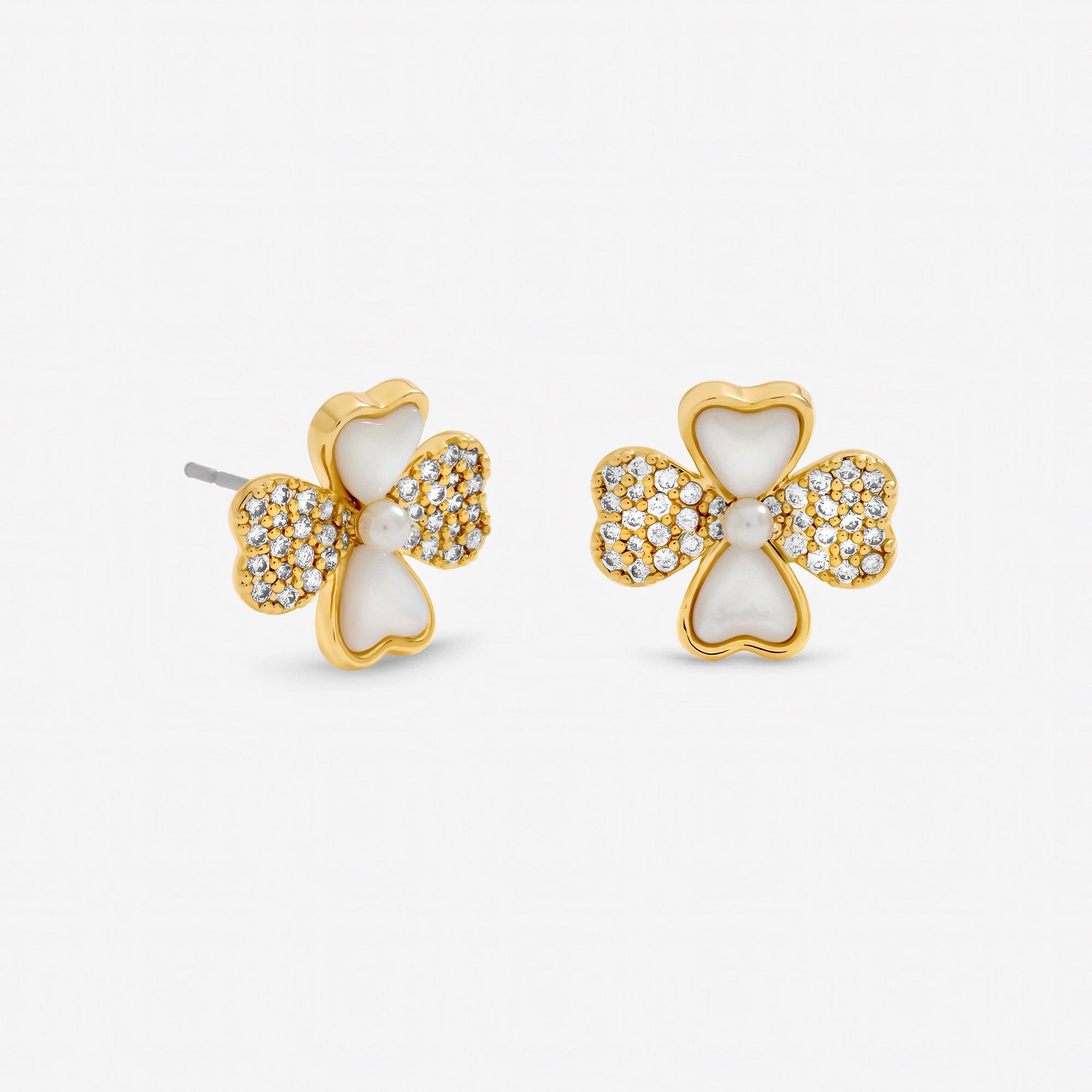 Gold - Inicio - Mother of Pearl Pave Clover Studs - Gift Pouch