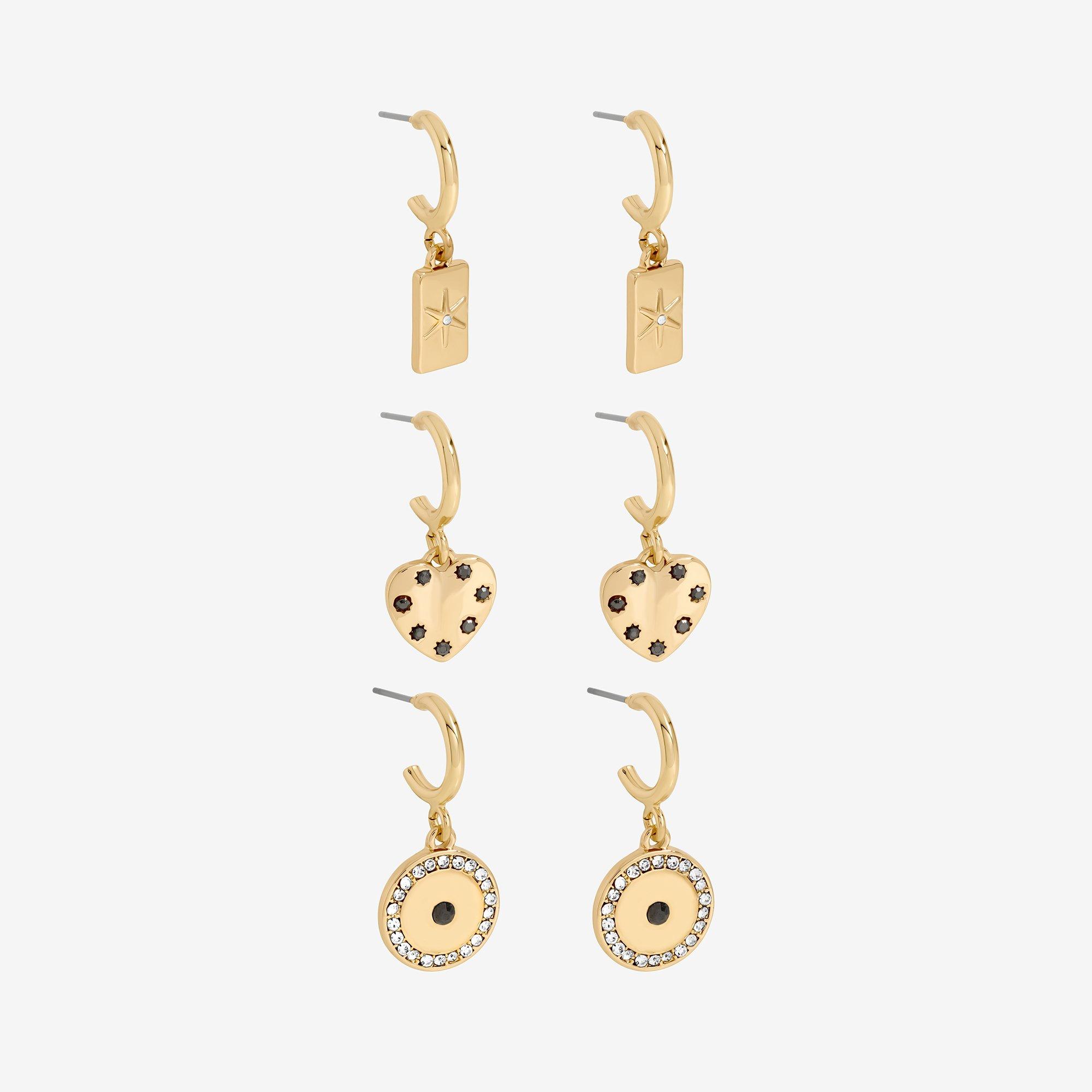 Gold - Mood - Gold Plated Heart Charm Earrings - Pack of 3