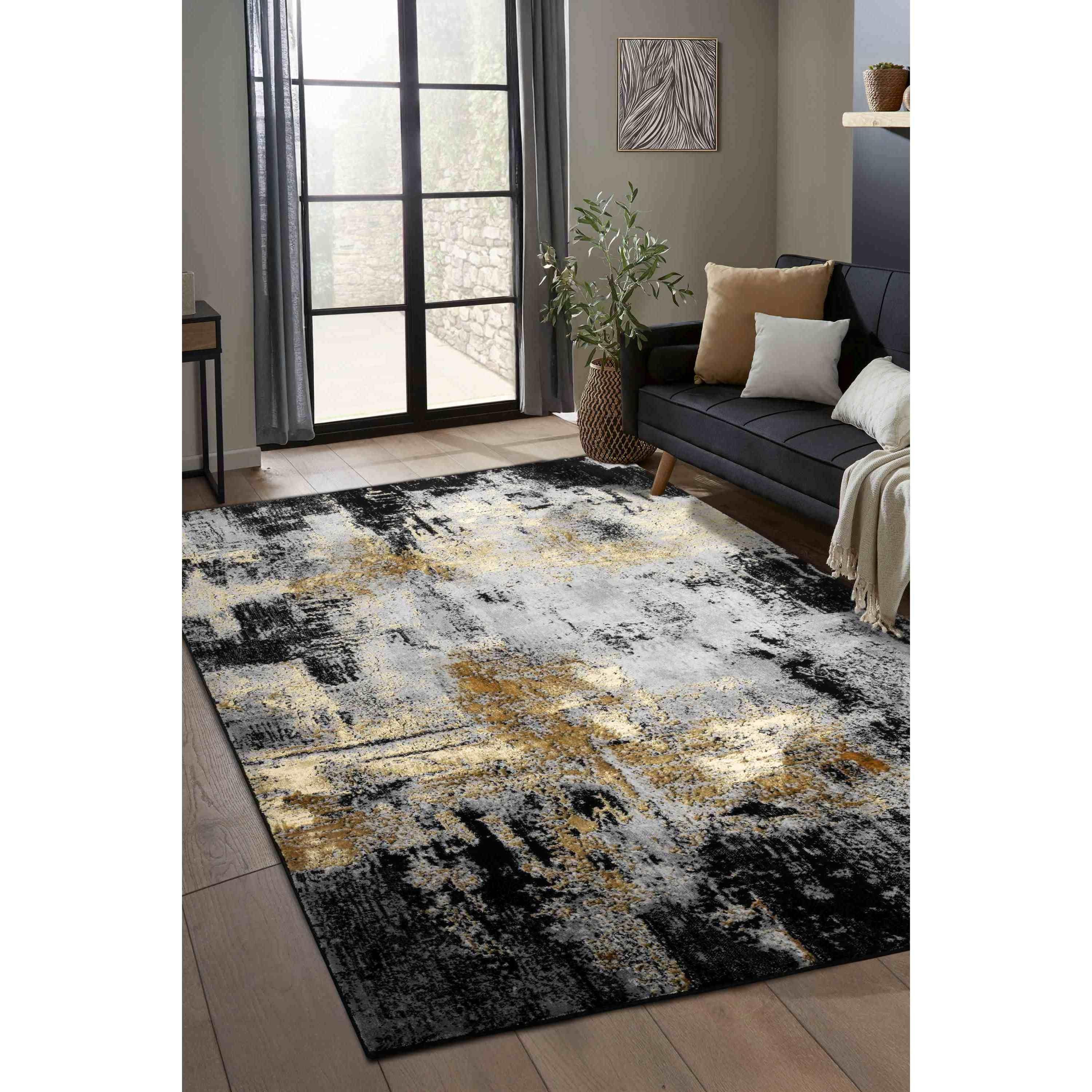 Black/Gold - Homemaker - Dusk Black Gold Marble Rug - 1