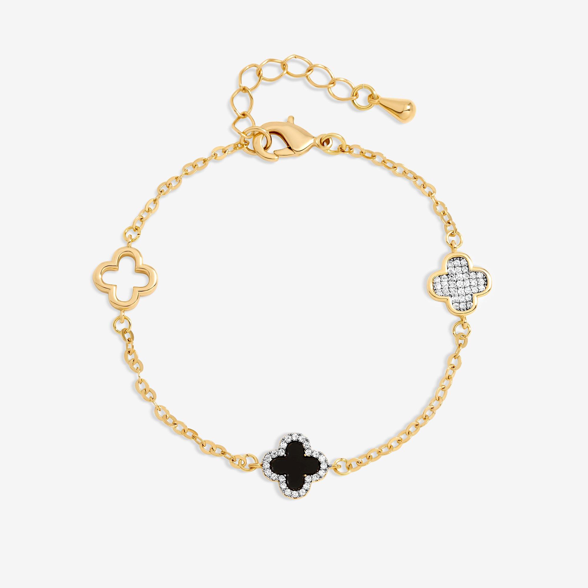 Gold - Jon Richard - Gold Plated Pave and Jet Clover Bracelet - 1