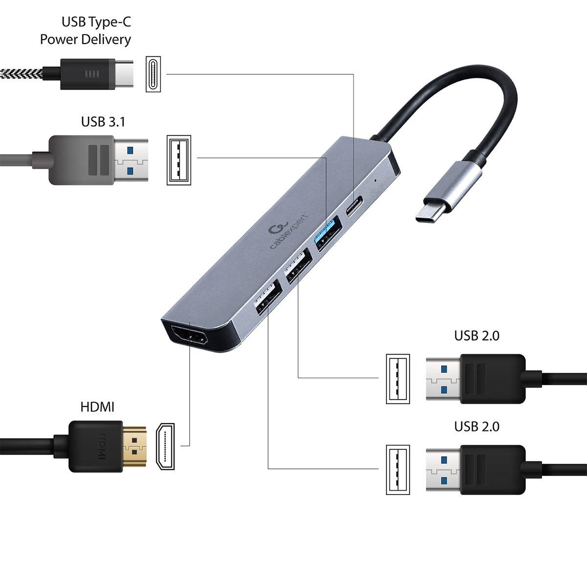 Grey - Gembird - Cablexpert USB Type-C 5-in-1 Multi-Port Adapter - 2