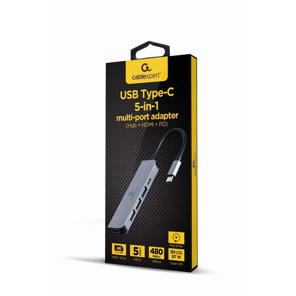 Grey - Gembird - Cablexpert USB Type-C 5-in-1 Multi-Port Adapter - 3
