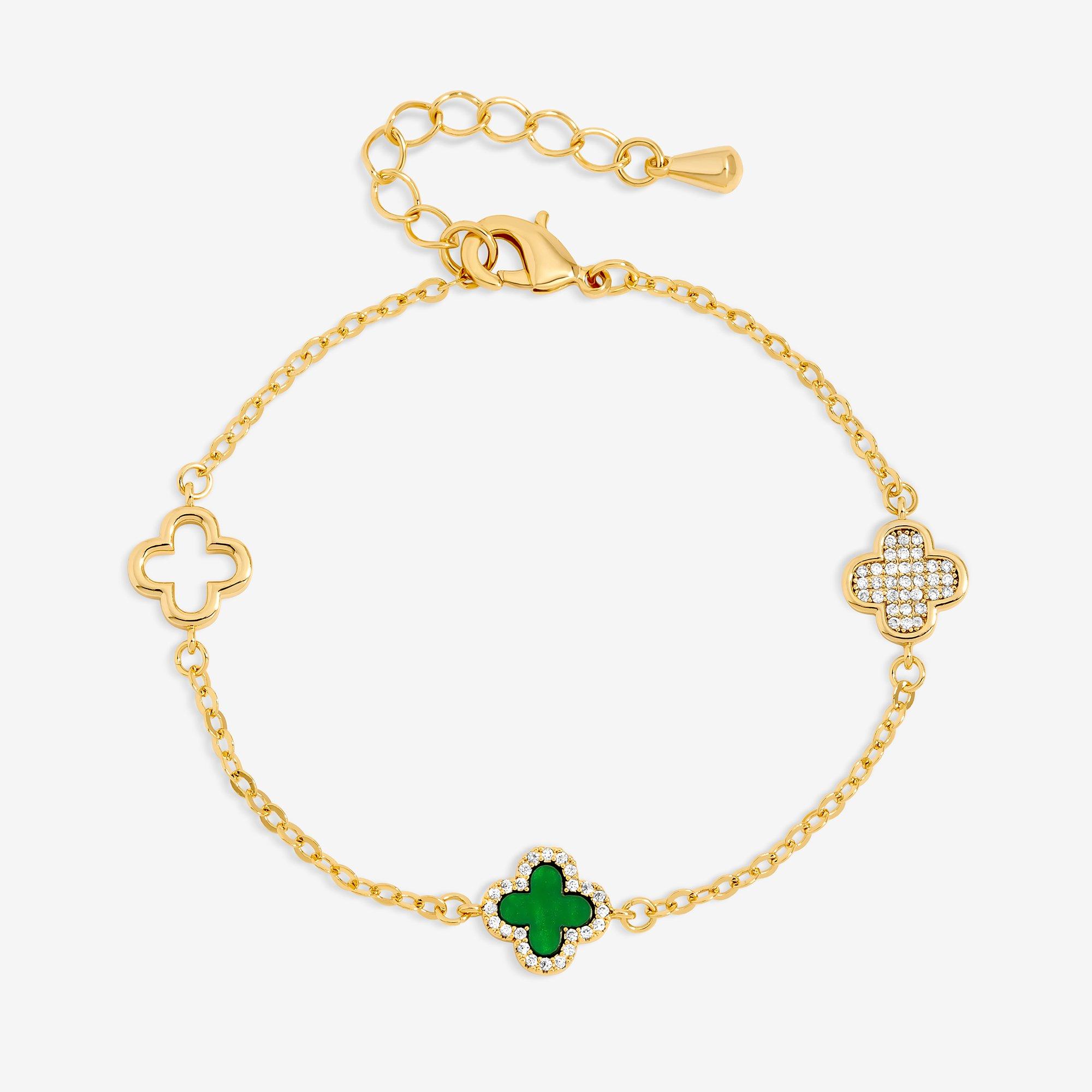 Gold - Jon Richard - Gold Plated Pave and Malachite Clover Bracelet - 1