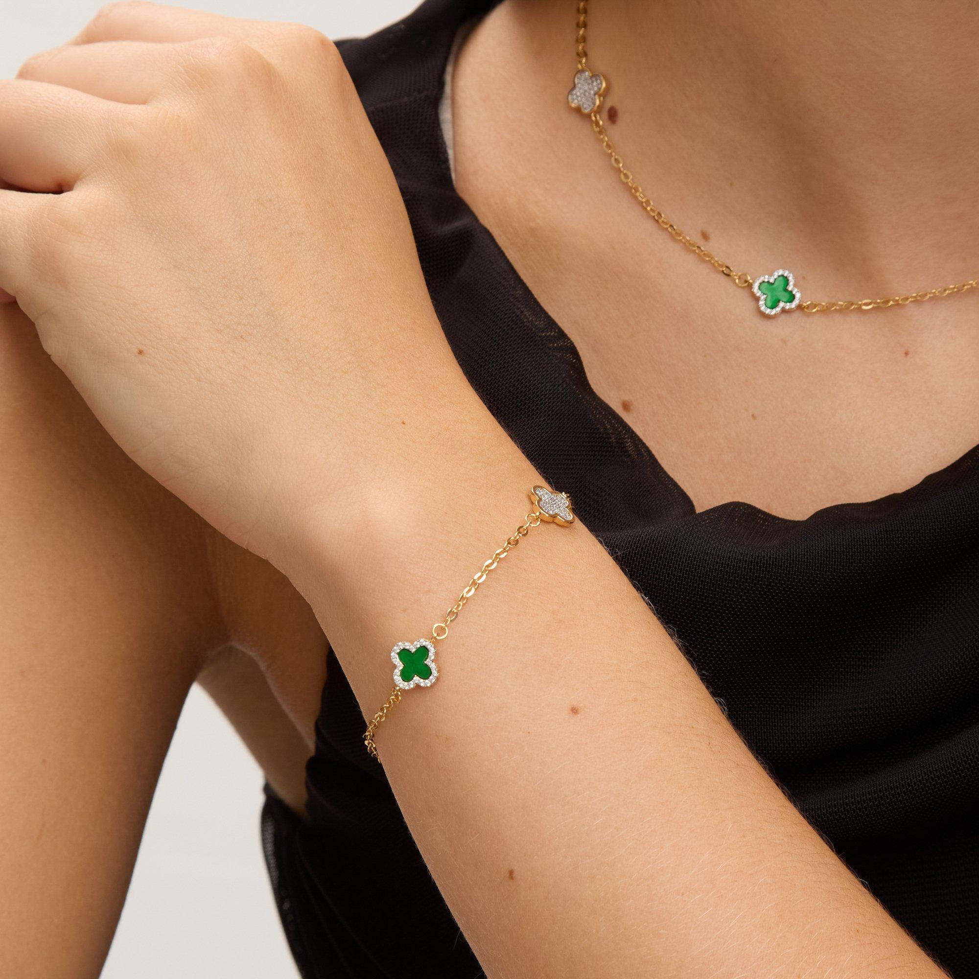 Gold - Jon Richard - Gold Plated Pave and Malachite Clover Bracelet - 2