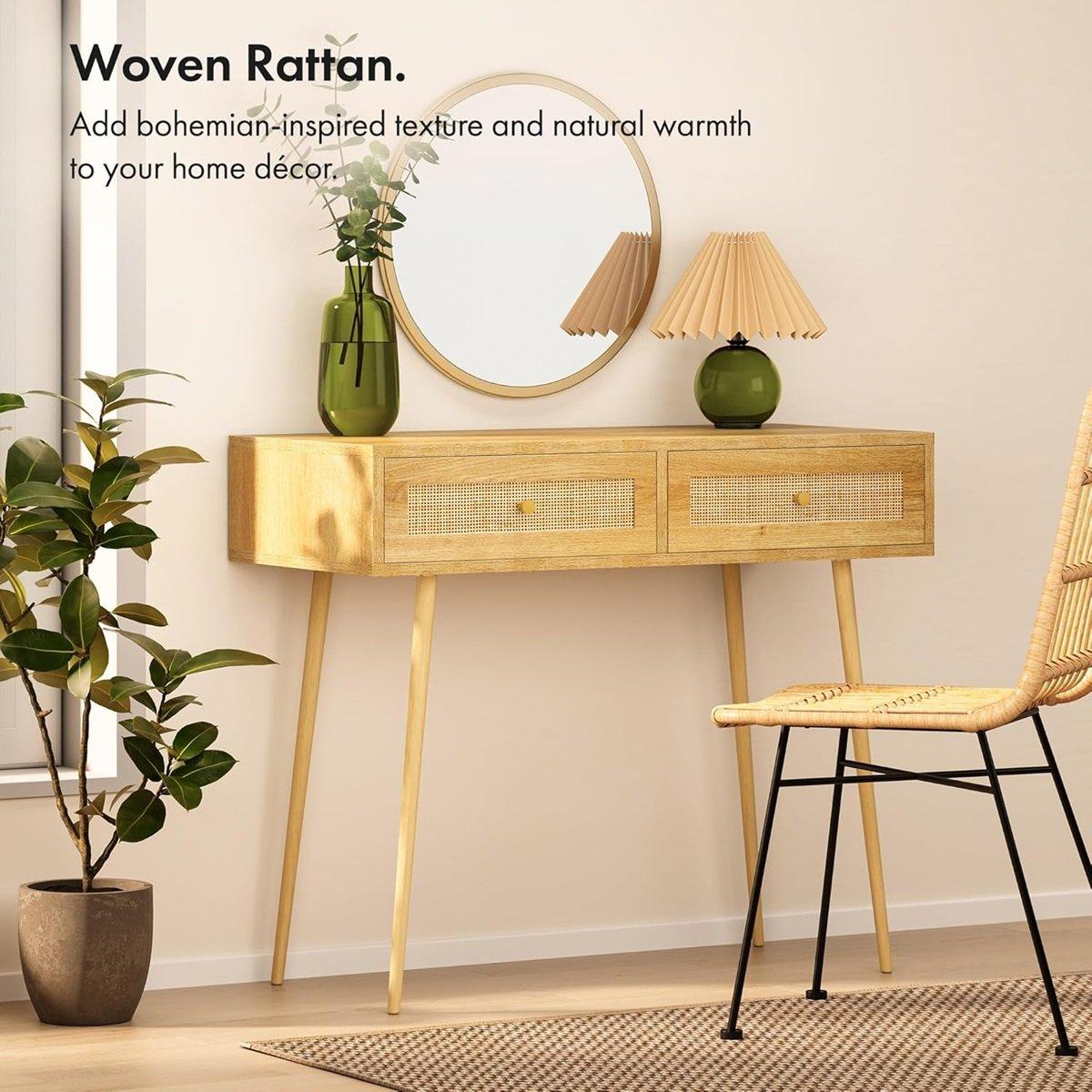 Beige - VonHaus - Sienna Rattan Dressing Table Desk - 4