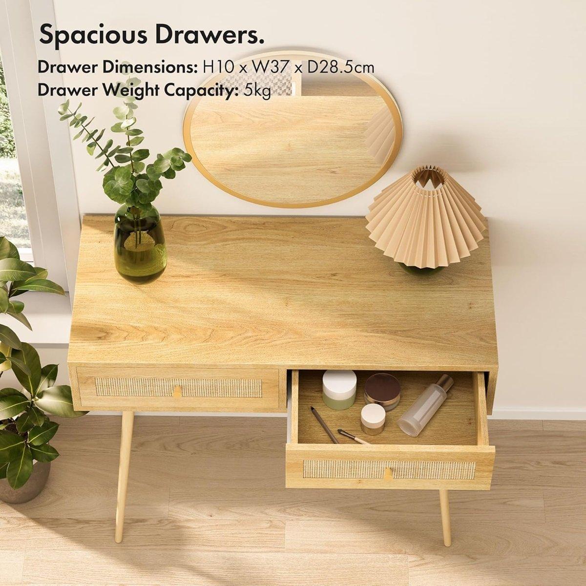 Beige - VonHaus - Sienna Rattan Dressing Table Desk - 5