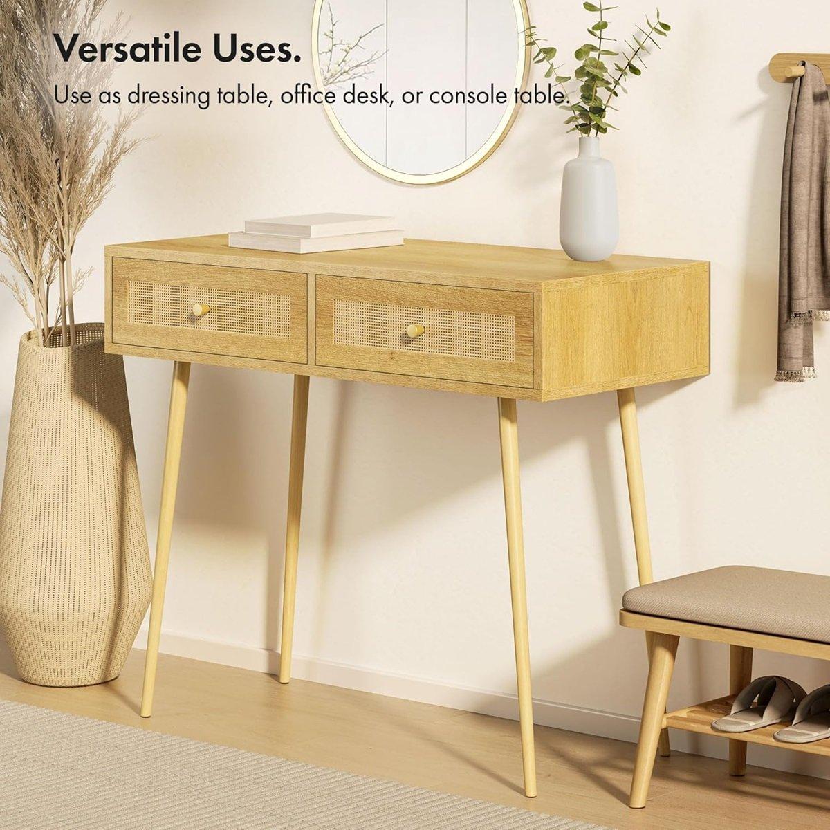 Beige - VonHaus - Sienna Rattan Dressing Table Desk - 6