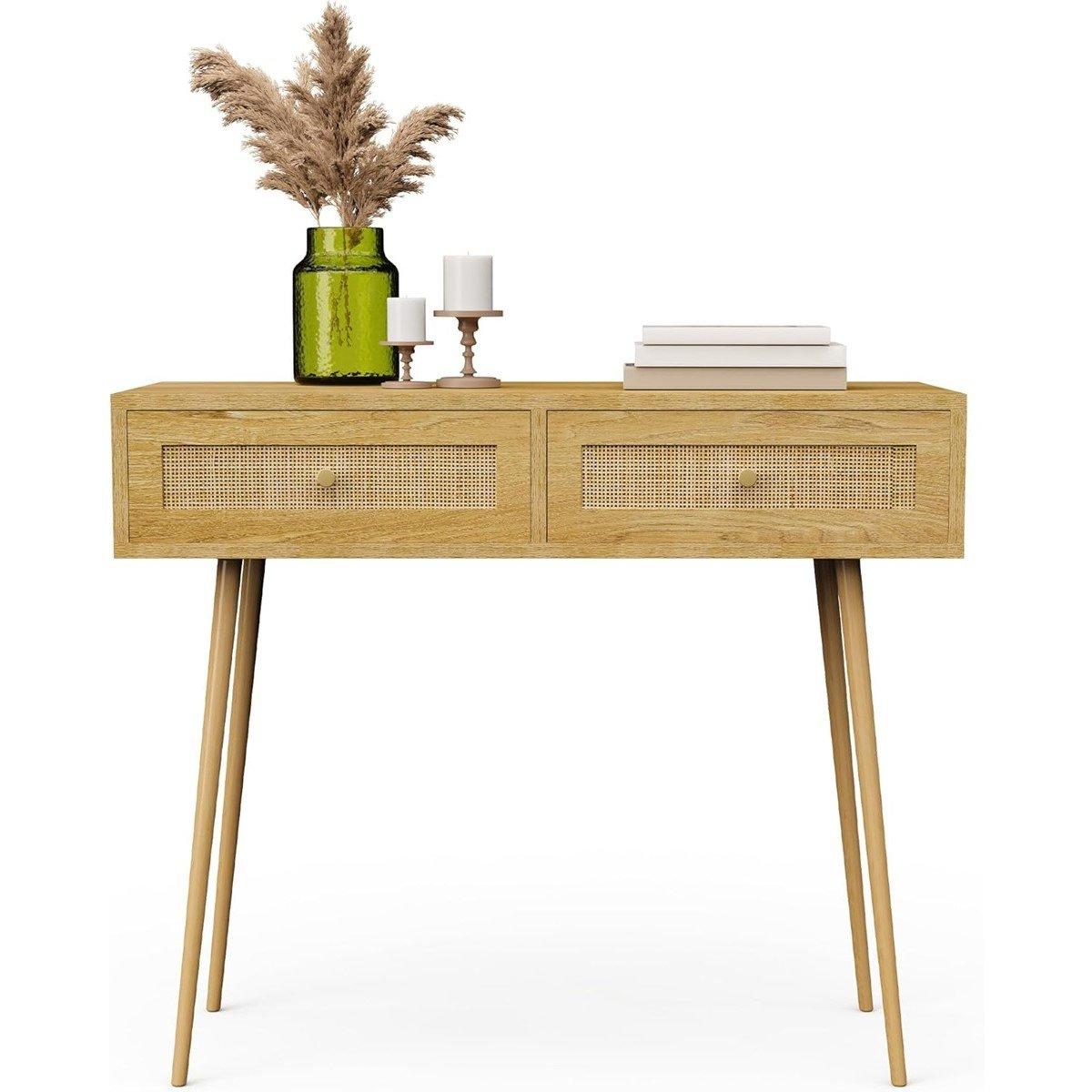 Beige - VonHaus - Sienna Rattan Dressing Table Desk - 8