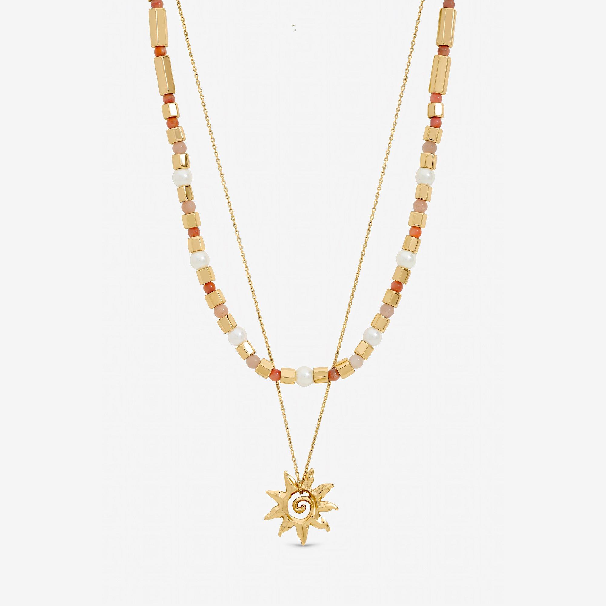 Gold - Mood - Gold Plated Beaded Sun Double Row Necklace
