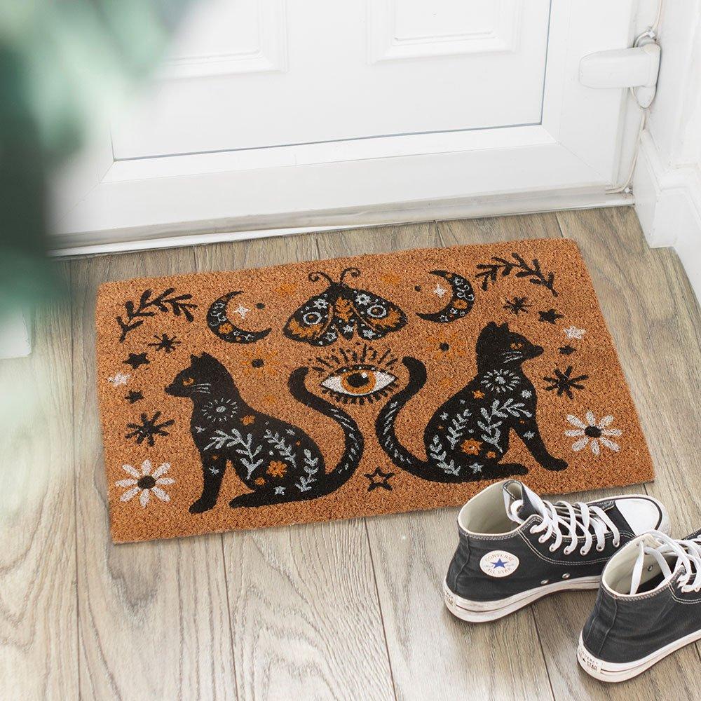 Brown - Something Different - Natural Frightful Folk Cat Doormat - 1