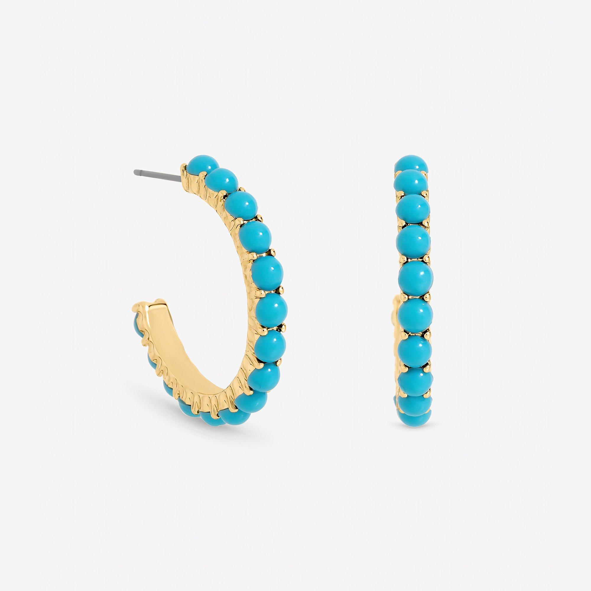 Gold - Mood - Gold Plated and Blue Bead Hoop Earrings