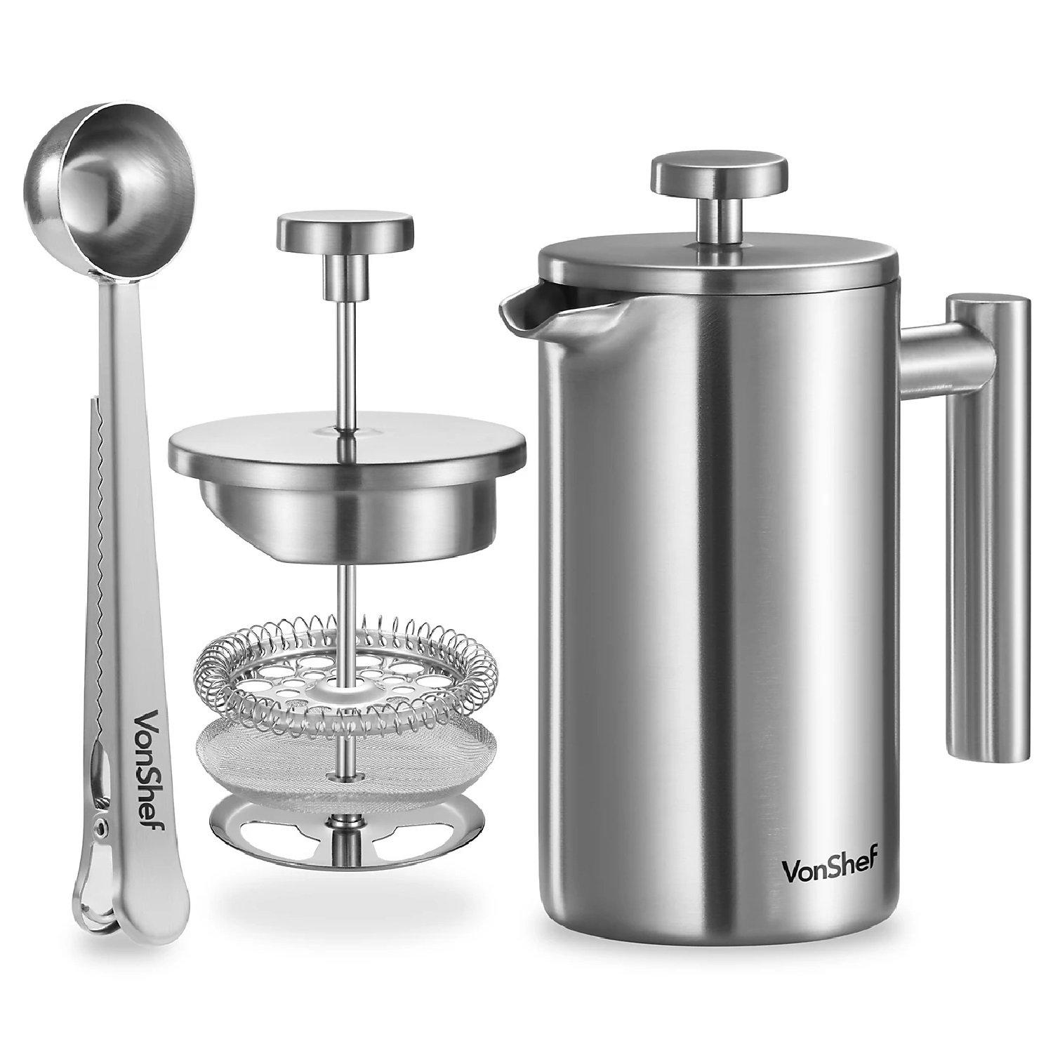 Silver - VonShef - VonShef 3 Cup Cafetiere Stainless Steel 350ml - 1