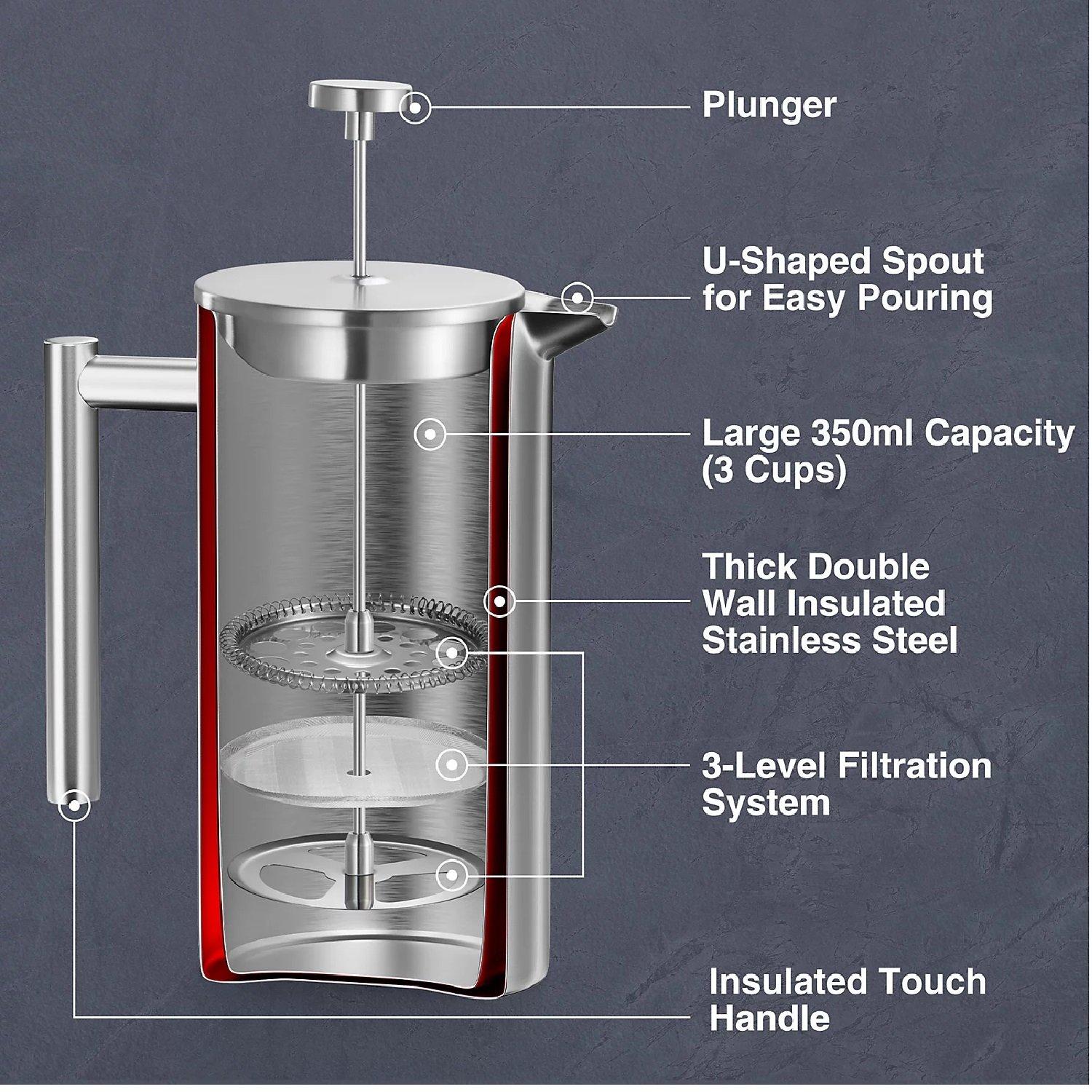 Silver - VonShef - VonShef 3 Cup Cafetiere Stainless Steel 350ml - 3