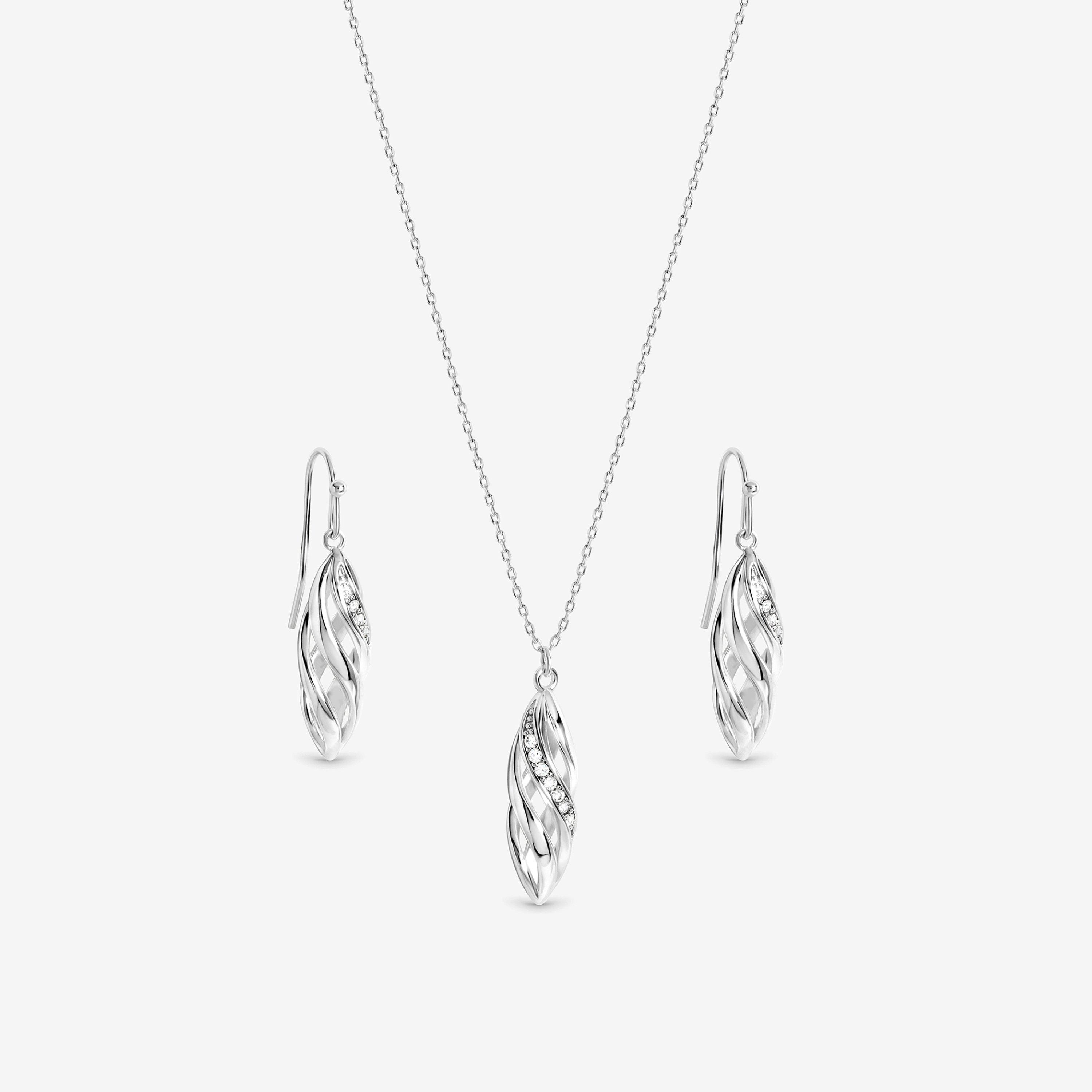 Silver - Inicio - Polished And Pave Open Swirl Drop Set - Gift Box - 2