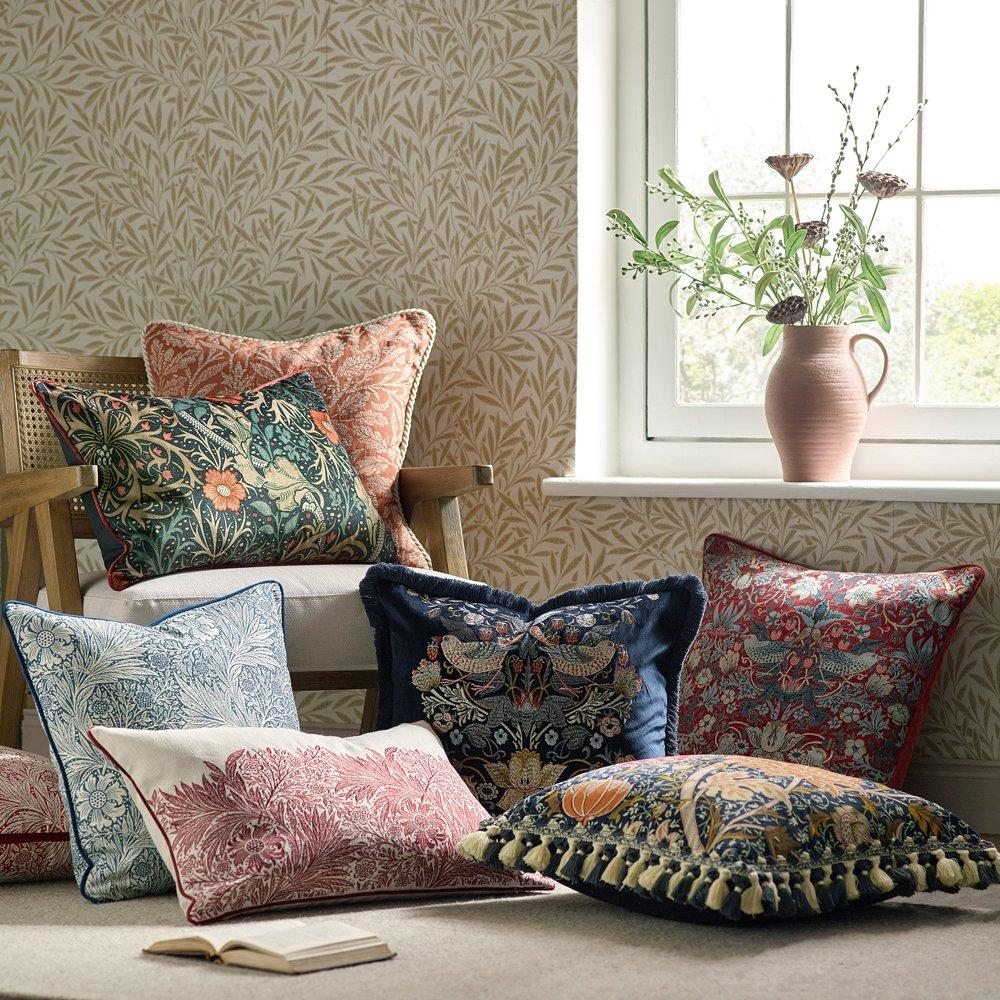 Indigo - Morris and Co - Seaweed Printed Velvet Feather Filled Cushion - 6