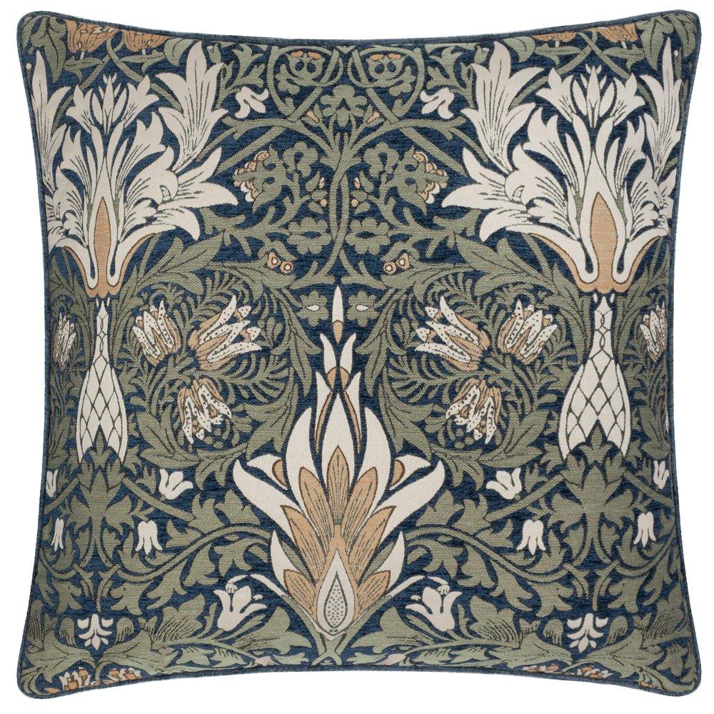 Morris And Co  Snakes Head Chenille Feather Filled Cushion - Indigo/Leaf Gre - 55x55cm