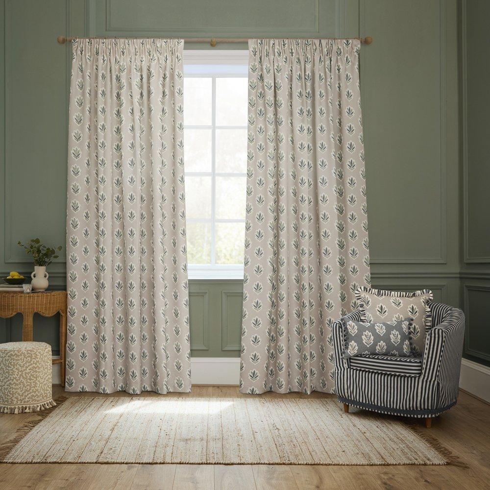 Flax - Sanderson - Sessile Leaf Fully Lined Printed Pencil Pleat Curt - 2
