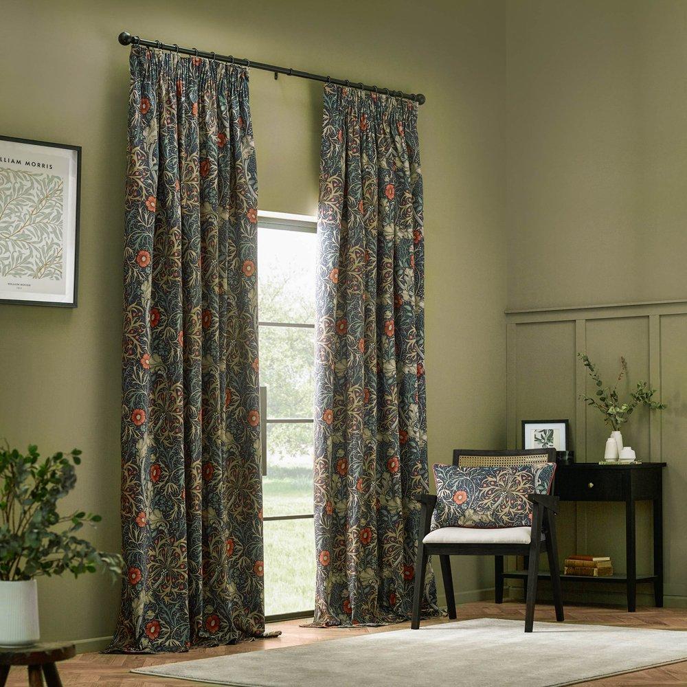 Indigo - Morris and Co - Seaweed Fully Lined Velvet Pencil Pleat Curtains - 2