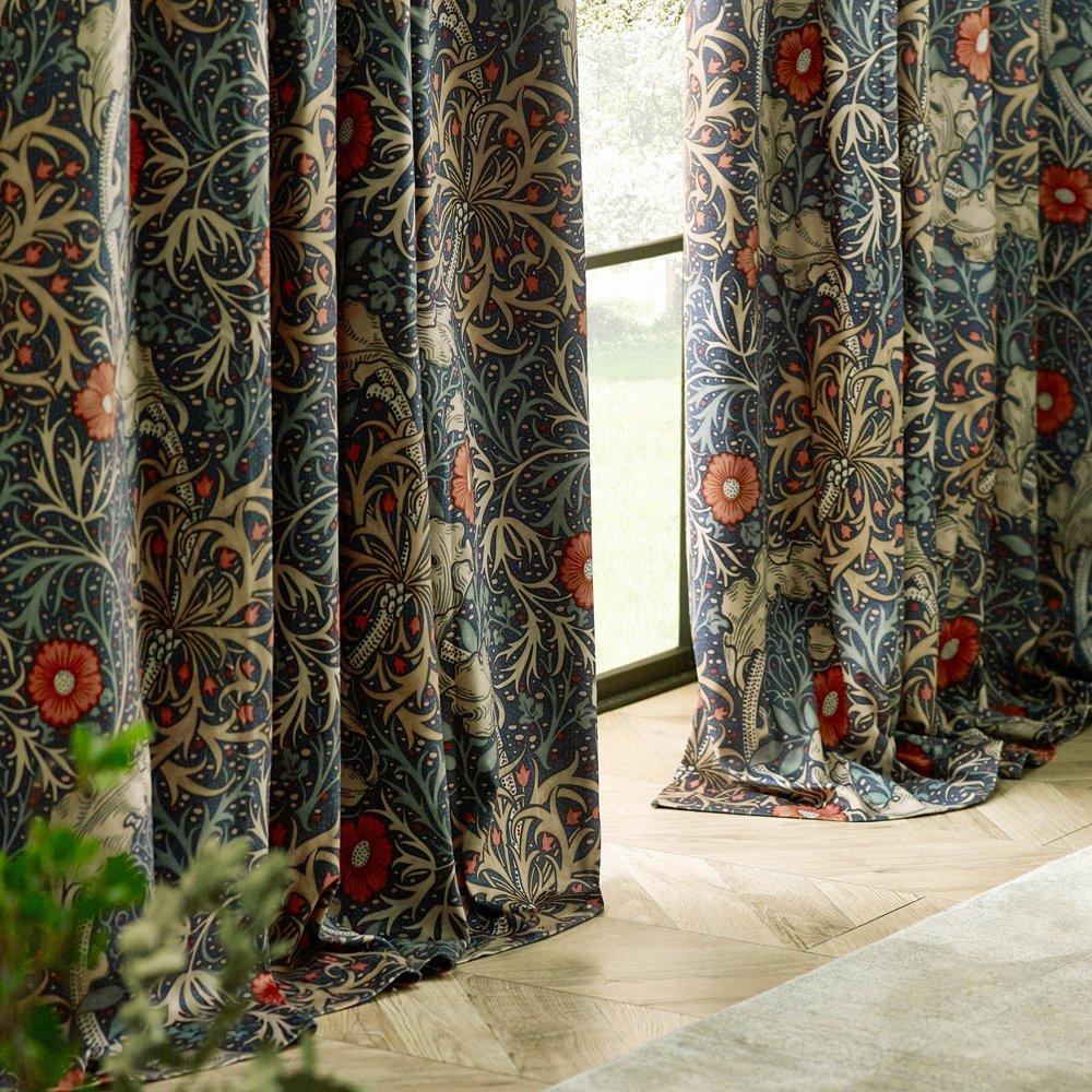 Indigo - Morris and Co - Seaweed Fully Lined Velvet Pencil Pleat Curtains - 5