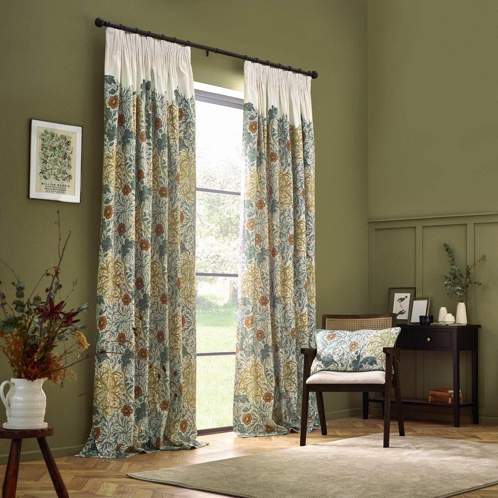 Stone/Sunflower - Morris and Co - Seaweed Fully Lined Velvet Pencil Pleat Curtains - 2