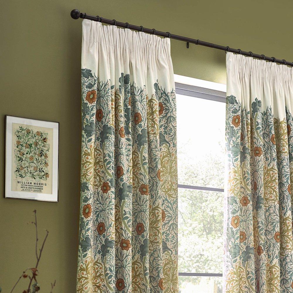 Stone/Sunflower - Morris and Co - Seaweed Fully Lined Velvet Pencil Pleat Curtains - 3