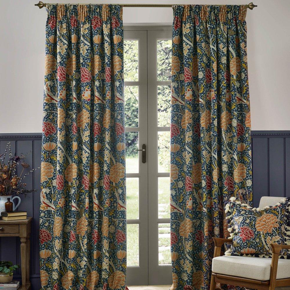 Indigo/Berry - Morris and Co - Cray Fully Lined Floral Velvet Pencil Pleat Curtai - 2