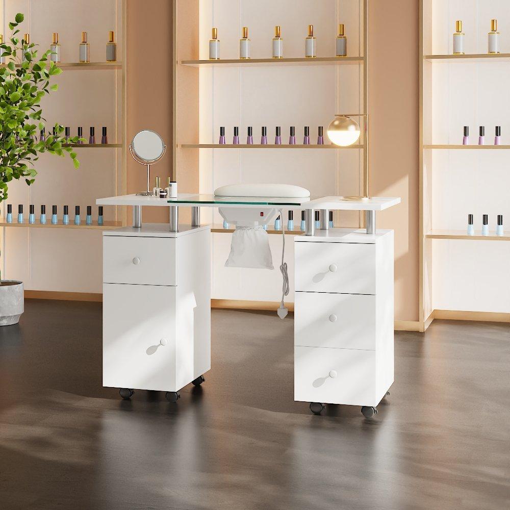 Sheonly  Mobile Manicure Table With Dust Collector Drawers - White