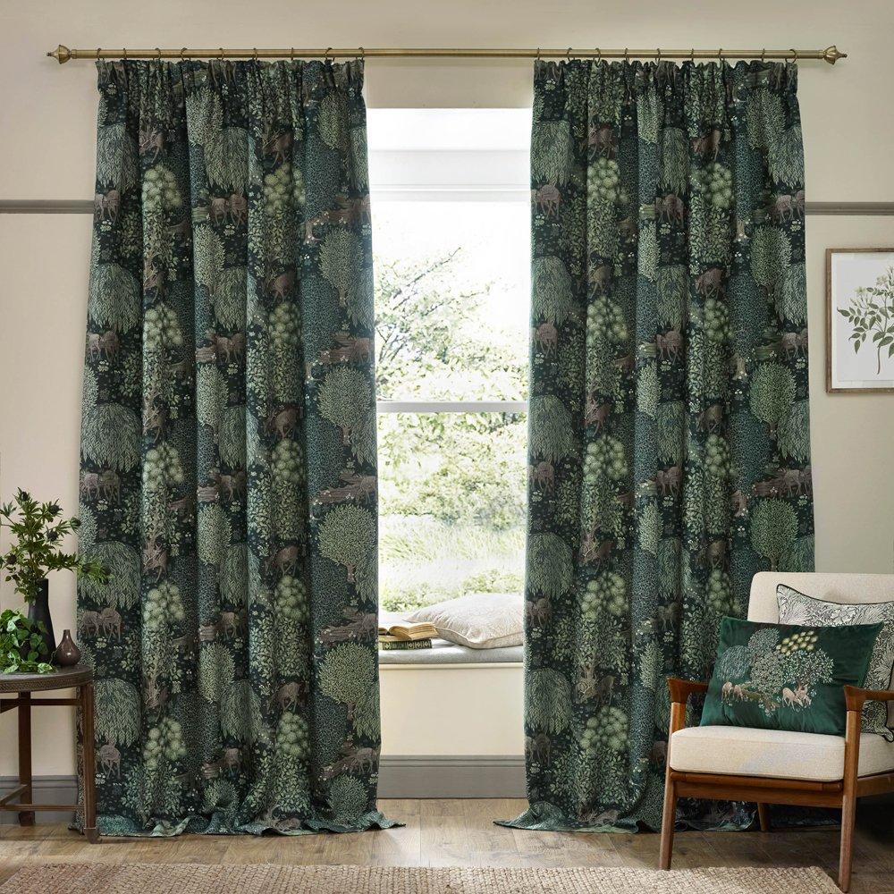 Forest Green - Morris and Co - Brook Fully Lined Woodland Jacquard Pencil Pleat C - 2