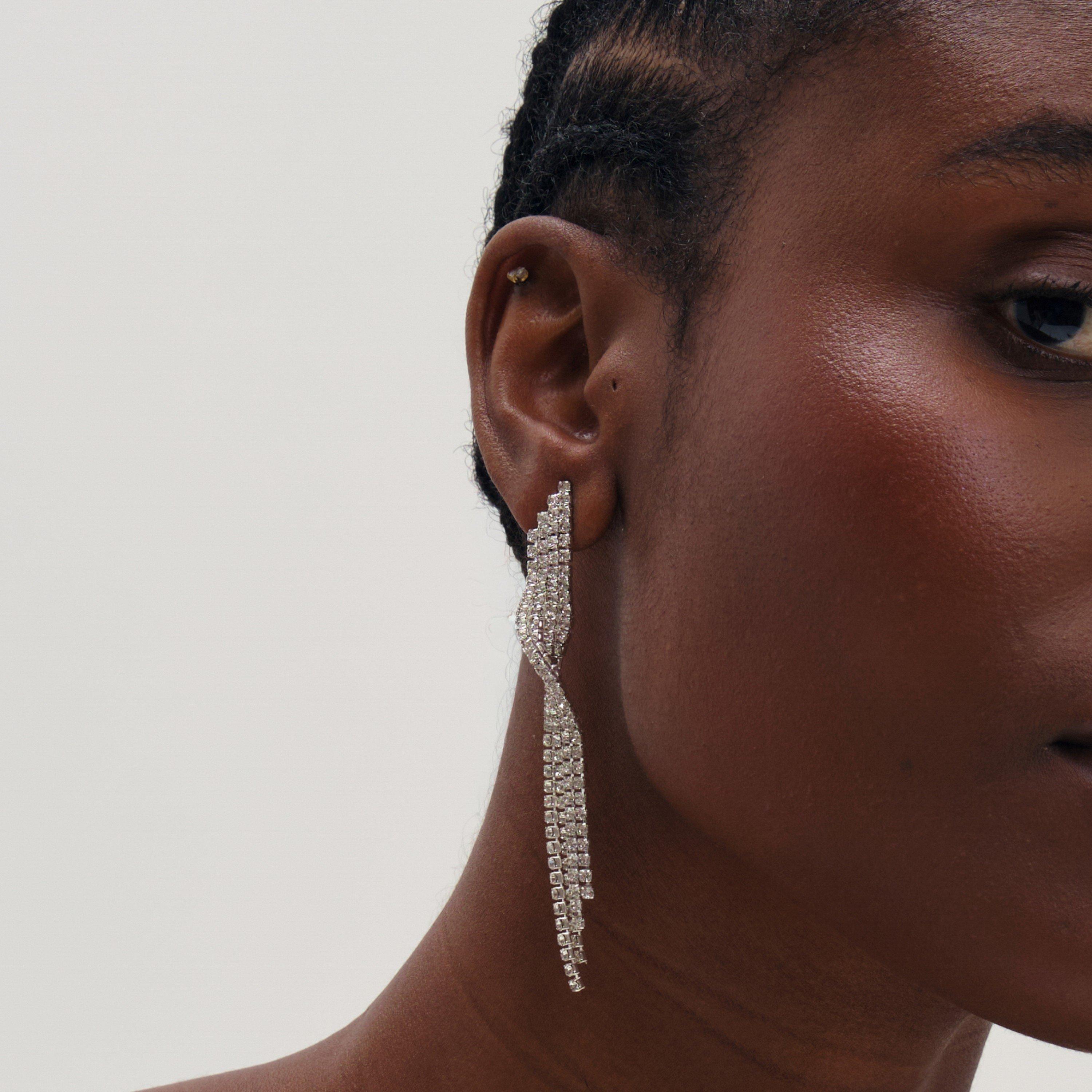 Silver - Mood - Silver Plated And Crystal Twist Drop Earrings - 3